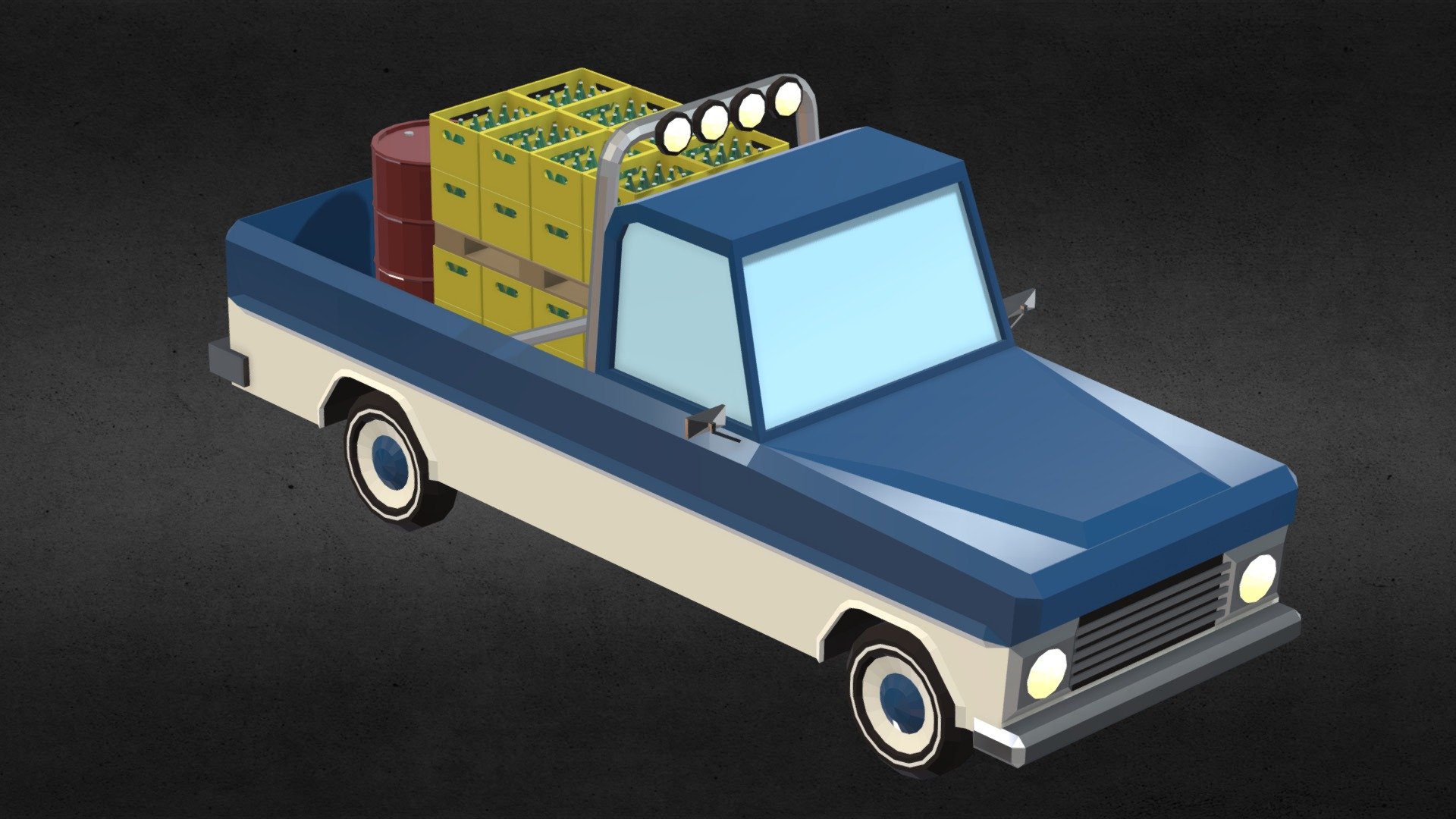 STYLIZED LOWPOLY PICKUP TRUCK ASSET CREATED IN BLENDER 3.3.1
This Pickup Truck comes with a Cargo Load System created with Geometry Nodes. You can simply pick a Cargo Item from a specific Collection to load it on the truck. Flat shaded Low Poly Art!




Vertices: 2.278

Faces: 2.175

Tris: 4.216


CARGO OBJECTS



Barrel - 316 Verts

Wooden Box - 189 Verts

Pallet - 342 Verts (Can be loaded with Pallet Load Objects)

Additional Objects can be added to the System.


PALLET LOAD OBJECTS



Parcel - 156 Verts

Beverage Crate - 1.444 Verts (with Bottles) - 464 Verts (empty)

Additional Objects can be added to the System.


MATERIALS
Materials for Eevee Render Engine included. Beverage Crate and Barrel Color randomly changing per Instance. Wood Color randomly variants in a specific Hue-Range per Instance.


NOT APPLIED MODIFIERS



Mirror

Bevel

Geometry Nodes: Truck Options

Geometry Nodes: Cargo Loader

Geometry Nodes: Pallet Loader


ASSET
Preview Image for Blender’s Asset Browser included 3d model