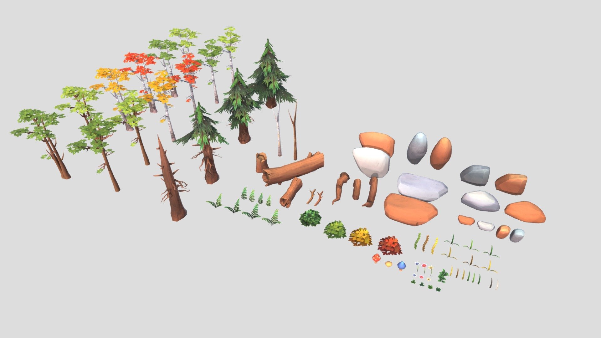 Handpainted forest package

In this pack you will find all the essentials to make a beautiful forest and more!

The pack contains :

-4 types of Firs
-2 types of leafy trees with 6 different colors each.
-1 dead tree with 2 différent colors each.
-1 giant wood log.
-1 wood log.
-1 branch with 2 différent colors.
-3 types of roots.
-5 types of rocks.
-2 types of stones.
-2 types of fern
-1 bush with 4 différents différent colors.
-1 grass with 3 différents colors.
-1 grass with 6 différents colors.
-1 grass with 6 différents colors + 2 greyscale color for the grass texture terrain tool.
-1 plant.
-2 types of flowers with 3 différents shapes and colors.
-1 types of clovers with 2 différents shapes and colors.
-3 types of mushrooms

To know:

-All textures are in 2048x2048
-Compatible with Unity terrain tool (trees, grass etc)
-Max triangles : 1060
-Less triangles: 8

Tips :

-Assets were designed to work better with games with a top-down view camera.(high angle shot) - Handpainted Forest Pack - Buy Royalty Free 3D model by Chromisu 3d model