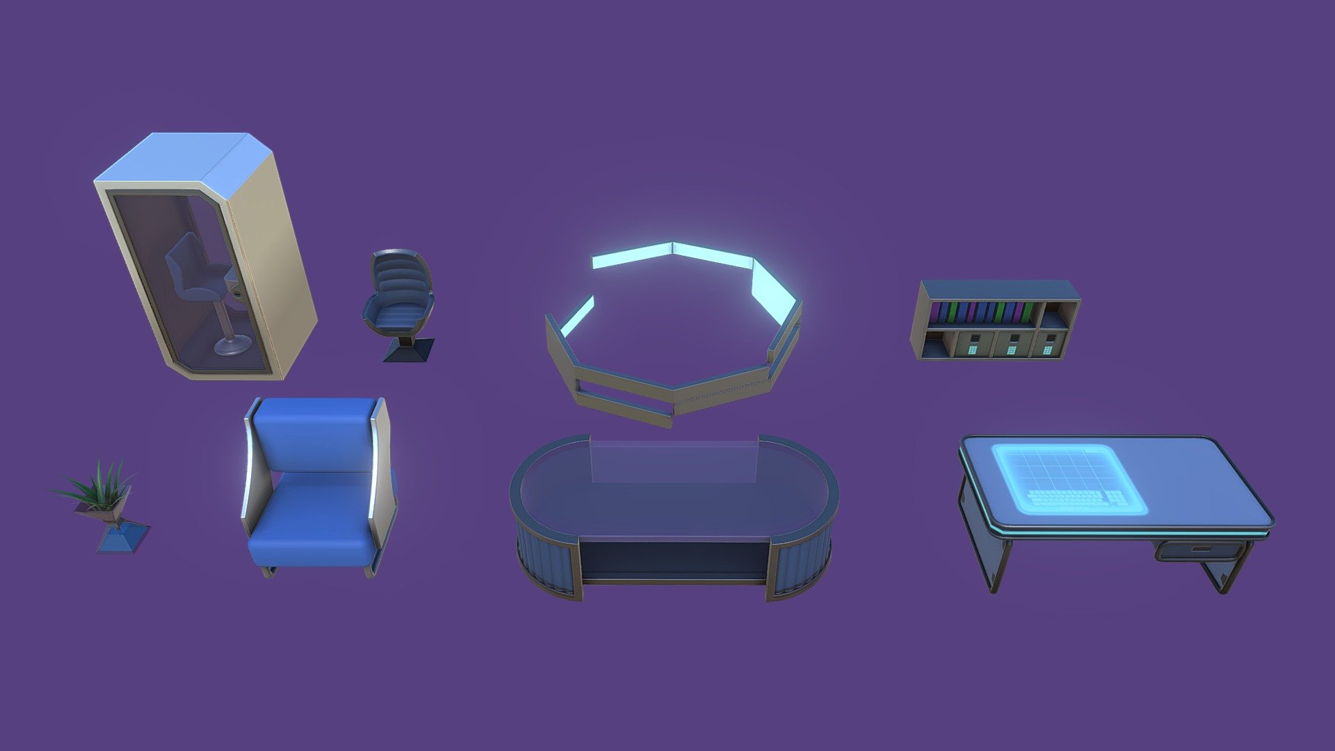 Futuristic Workspace asset pack [MERGED TEXTURE SET of 4096 x 4096 ]

Demo scene with indvidual assets and texture sets here: https://skfb.ly/oDGyB

This pack includes:




Armchair

Silent Cabin

Coffee Table

Holo-Desk

Modern Lamp

Plantpot

Shelf

Workchair

The Demo Scene

8 assets sharing a single texture set of 7 textures at 4k resolution 3d model