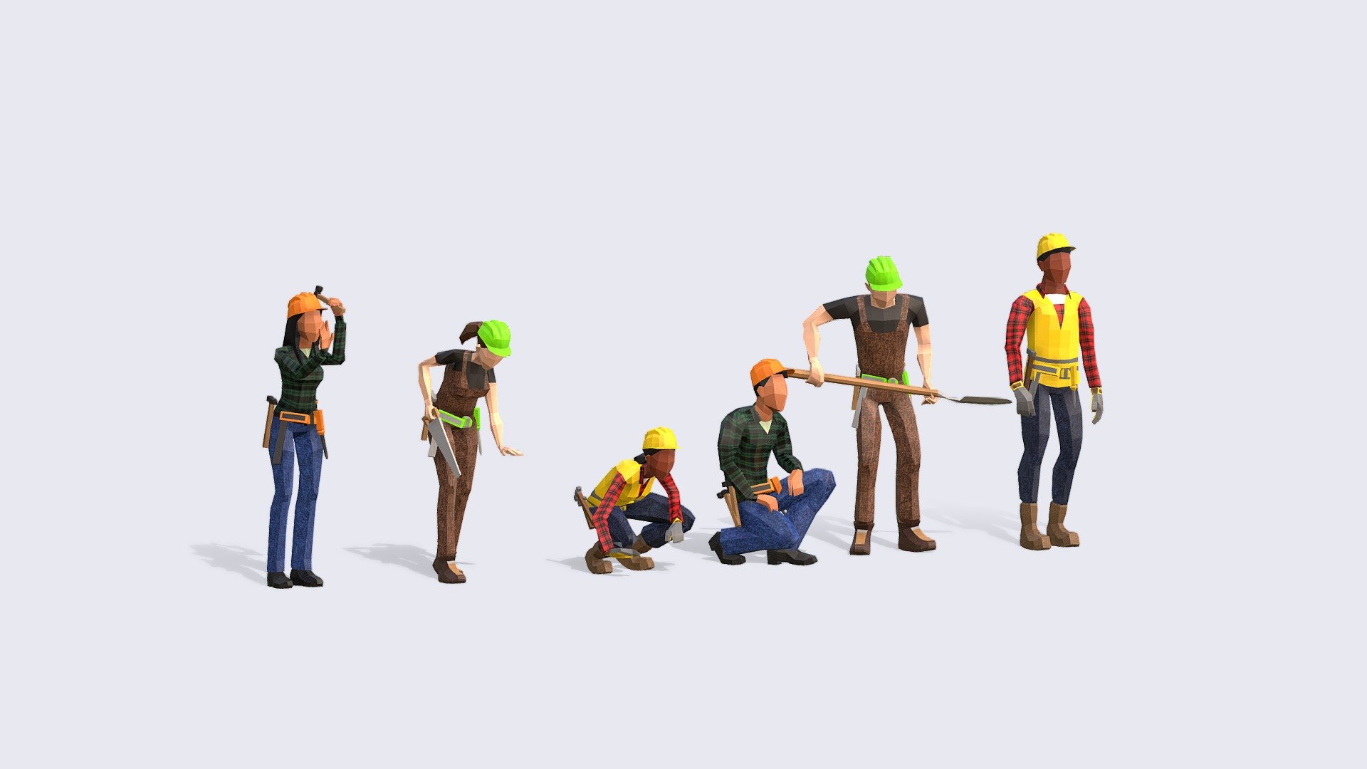 CONSTRUCTION LOW POLY PEOPLE
A super versatile pack of Low Poly People where all models interact. Plus all models can use the same or vary the 3 different textures.

INCLUDES:




Independent Rest Pose file FBX, perfect for Animating with mixamo or your chosen platform

Independent Animated FBX file that includes all 6 looping animations 100 frames

Full Pack Blender Native file with all characters together.

Textures created for the pack.


Give some unique style to your crowds with our collection of low poly people.
*3RD GENERATION of Animated Low-Poly People and it will be included in The Compilation - Construction People - Animated & Rigged - Buy Royalty Free 3D model by Studio Ochi (@studioochi) 3d model