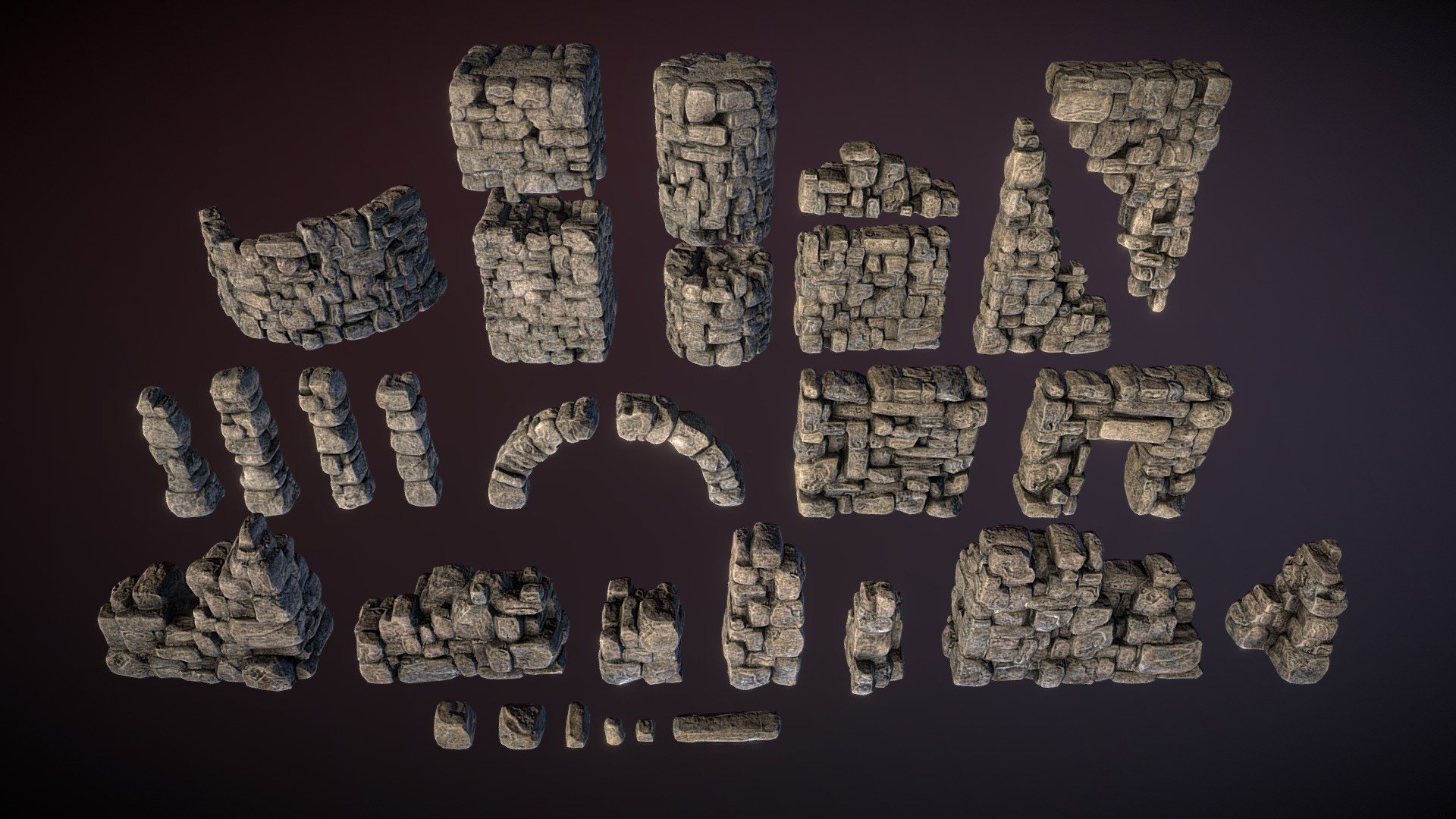 Set of ruined ancient walls fragments 3d model