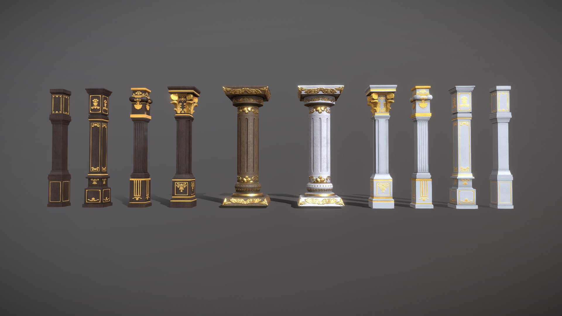 Classical style pillars can be assembled freely.
A variety of pillars can be combined arbitrarily. Pillar A has a set of animations, which can place object in the pillar, and pillars B to E are separate objects that can be assembled and stacked freely.

Minimum polygon count: 36 Tris
Maximum polygon count: 908 Tris
Texture format: png
Texture size: 2048x2048
Albedo, Base Color, AO, Normal, Specular

Animation count: 2
Animation type list:
Pillar_A
door open
door close - Classic Pillars Pack - Buy Royalty Free 3D model by Experience Lab Art (@Experience_Lab_Art) 3d model