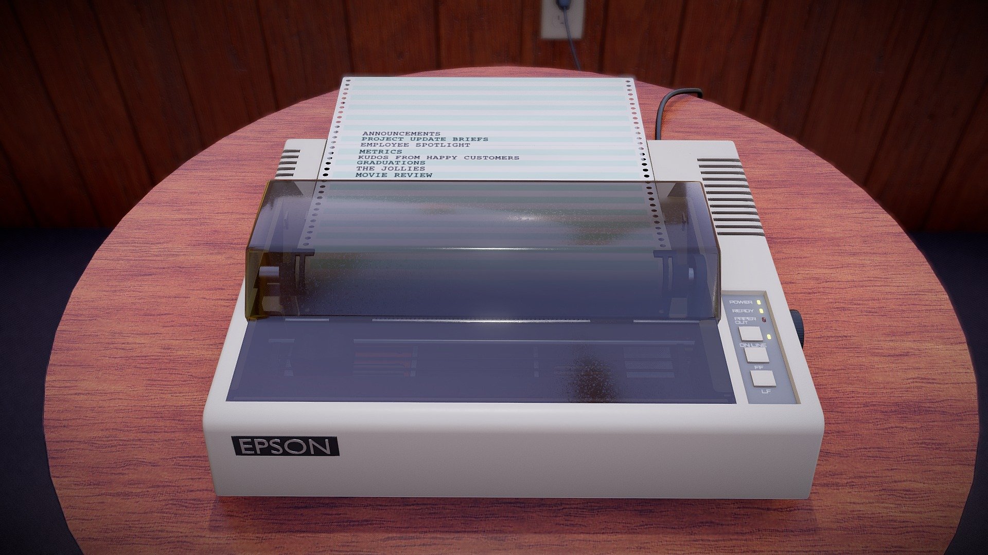An Epson MX-80 Dot Matrix Printer, used in a render for my workplace's departmental newsletter. Good references were hard to come by for the interior, so I had to take some liberties.

Modeled in Blender and textured in Substance Painter 3d model