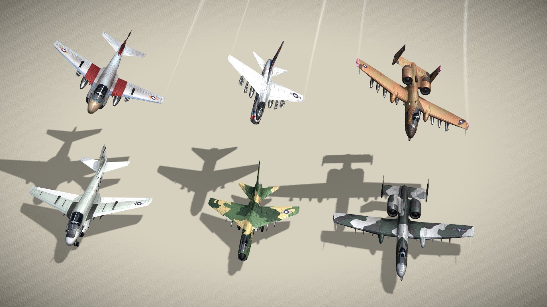Low poly models of 3 great american attack planes of modern era.



Each in 2 color scheme, as standing version and flying with armament.

1. A-6 Intruder

2. A-7 Corsair II

3. A-10 Warthog





Models have bump map, and 2 diffuse textures to create two different planes.

Standing version has suspension. Flying version has pilot, armament and trails.



Check also my other fighters sets.

Patreon with monthly free model - Modern attack planes lowpoly set E: 3+3 - Buy Royalty Free 3D model by NETRUNNER_pl 3d model