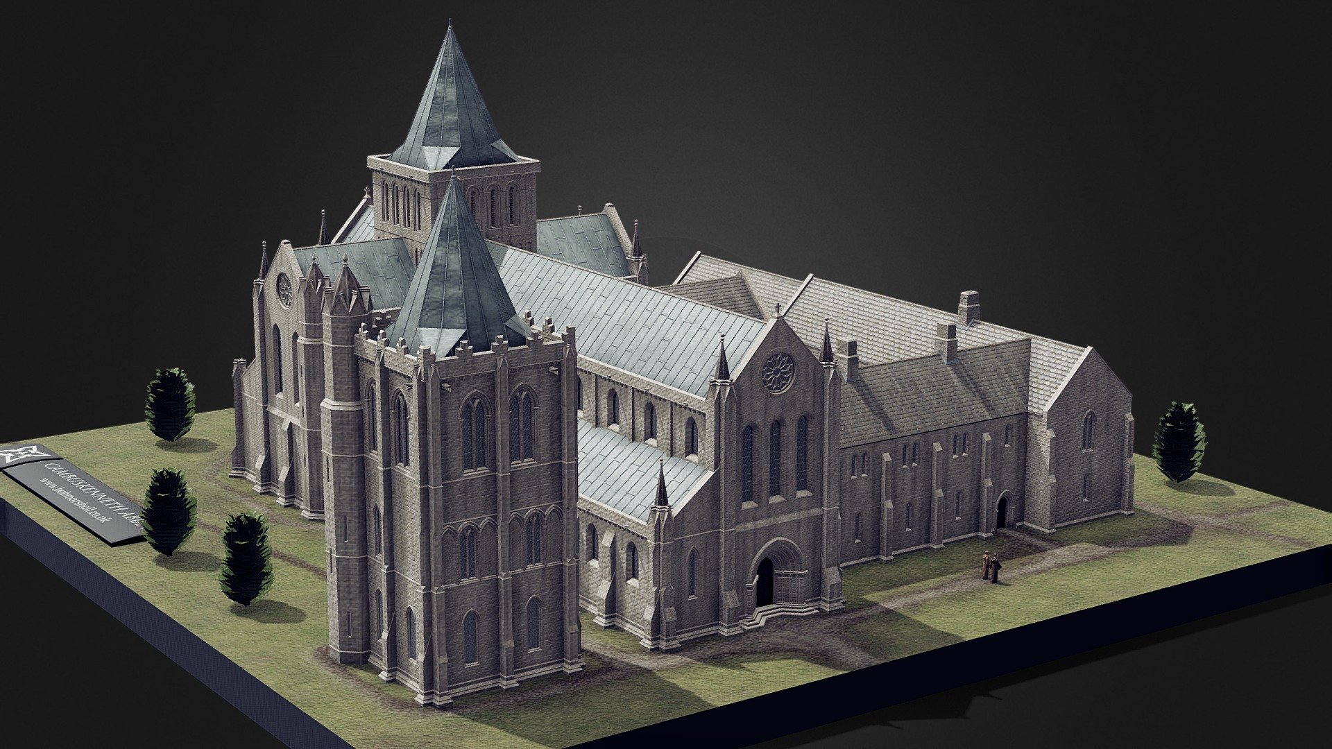 Digital 3D reconstruction model of Cambuskenneth Abbey, Stirling, Scotland showing what the abbey and adjoining monastic buildings might have looked like in its rebuilt state following an attack by the army of King Richard II of England in 1383. The abbey has an accompanying freestanding bell tower or campanile which is unusual in Scotland. The tower is the only surviving part of the original church that remains standing to this day. It may have been spared its destruction by virtue of its use as a watchtower. The exterior masonry of the church may have appeared with a much brighter, lime-washed rendering than I have shown in this reconstruction. The masonry may also have featured decorative (painted) elements but such evidence for the exterior rendering of churches from before the reformation is hard to come by. The forms of the monastic buildings including the monks' dormitory, refectory, cloister and chapterhouse are entirely speculative 3d model