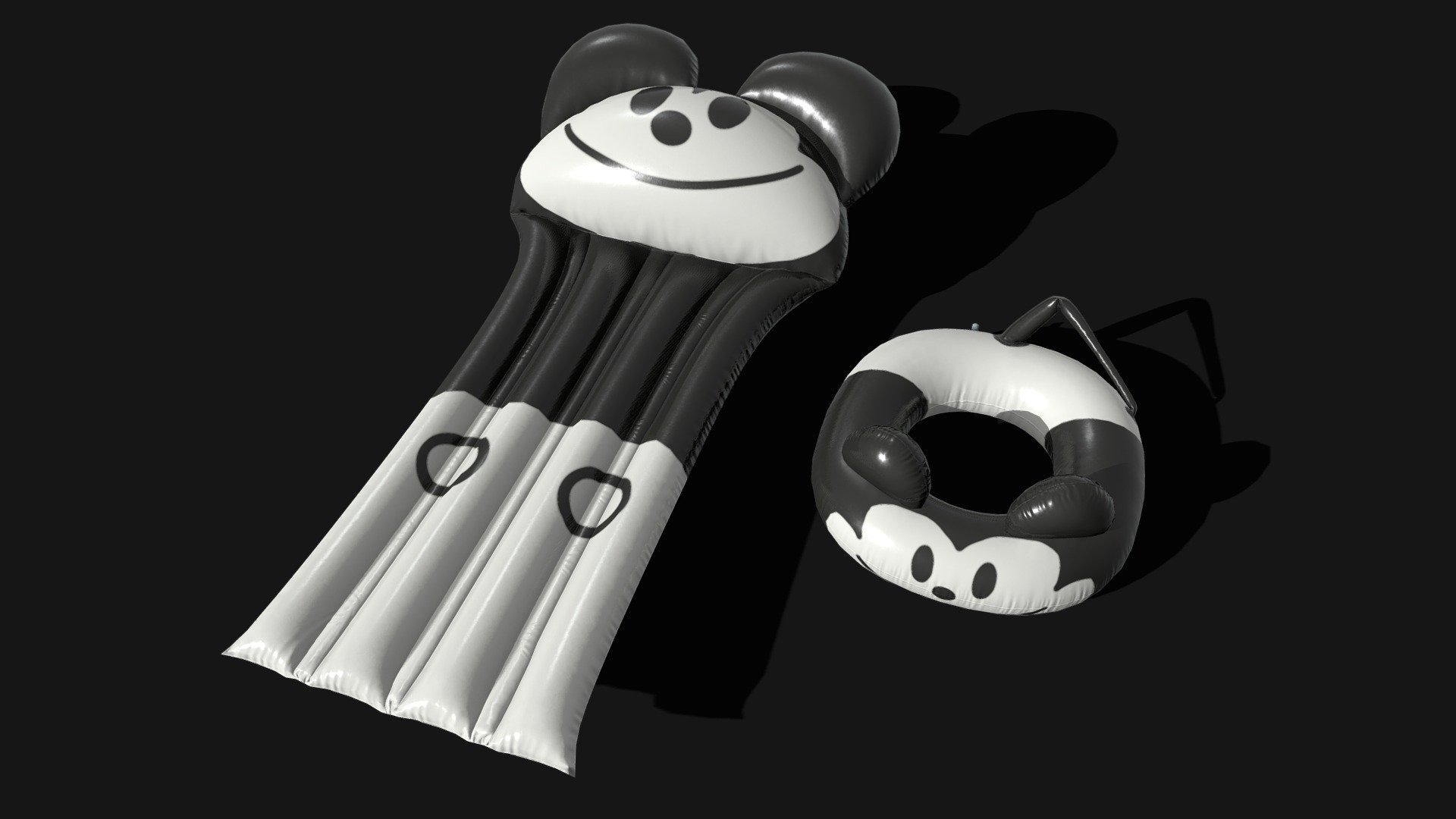 2k Mickey Pool Floats (Steamboat Willie)
PBR Validate.
Fully optimized for games or Archviz.
Include 2 different model, each model have 1 set of material, all made in Substance Painter.
Float 1 size: 79cm X 37cm X 86cm
Float 2 size: 1.11m X 47cm X 2.16m

Float1= 3.262 Tri.
Float2= 5.360 Tri.

No moving parts.
Formats are: Fbx, Collada, Obj, Gltf.
10 Textures, size of 2048x2048.
2 - Base Color PNG 16bit.
2 - Metallic PNG 8bit.
2 - Roughness PNG 8bit.
2 - Normal PNG 16bit OpenGL.
2 - Normal PNG 16bit DirectX 3d model