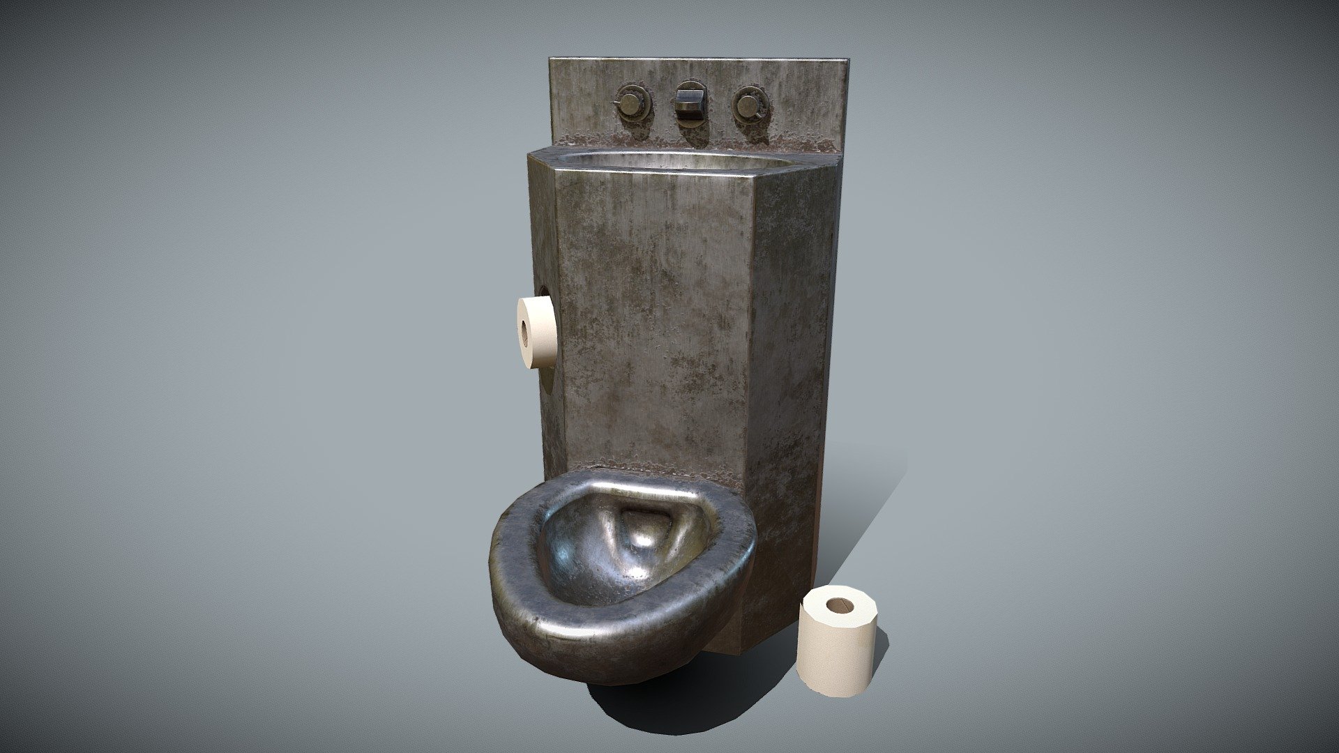 Low poly combination toilet and sink with toilet paper roll, for jail or prison asset pack ( https://skfb.ly/6FRq8 ) with 4k PBR textures.  Kit created in Blender and Substance Painter 3d model