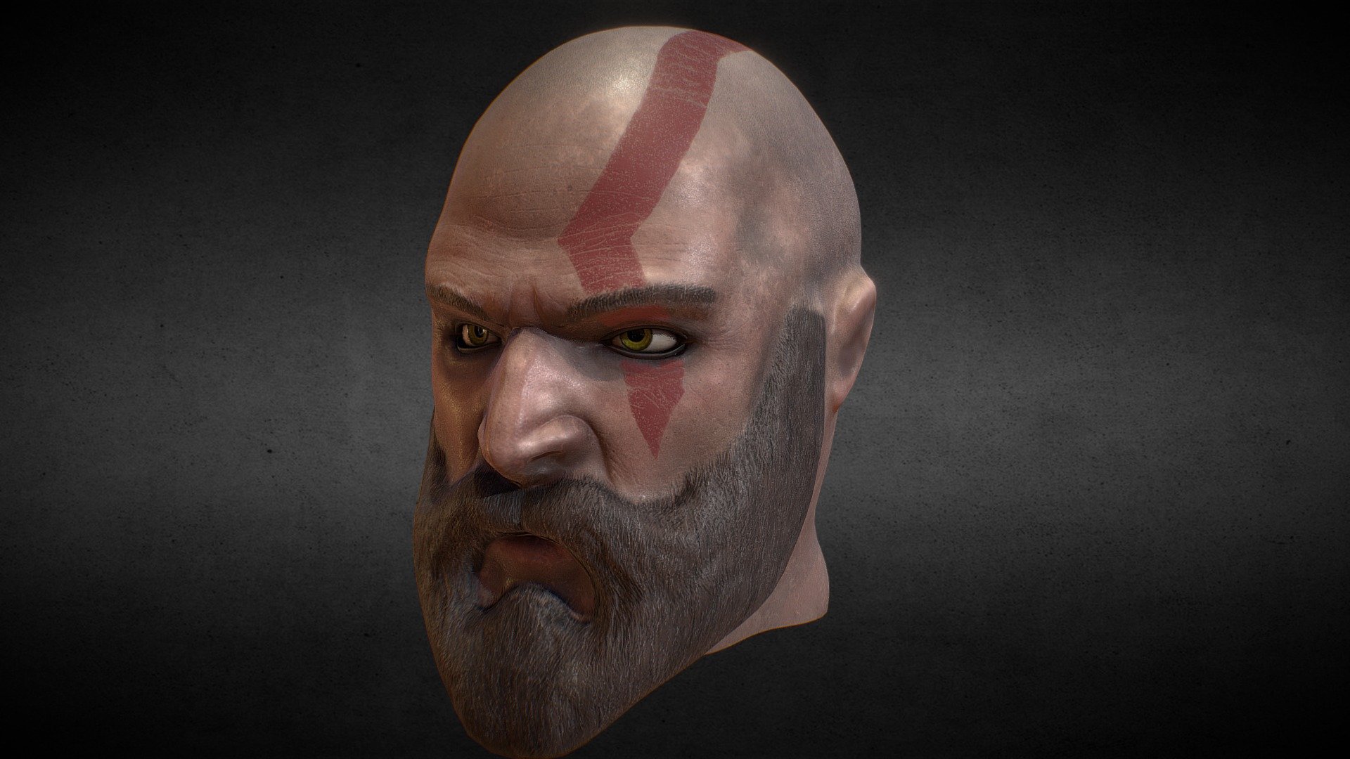 Created this in a couple of hours to see how quickly i could model and texture a head based on references. Kratos was the inspiration for this 3d model