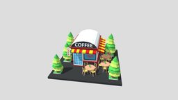 cartoon cafe 01 tree, landscape, exterior, store, market, town, realistic, isometric, low-poly, cartoon, house, city, stylized, building, street, shop, village, cafeshop, cafe-chair