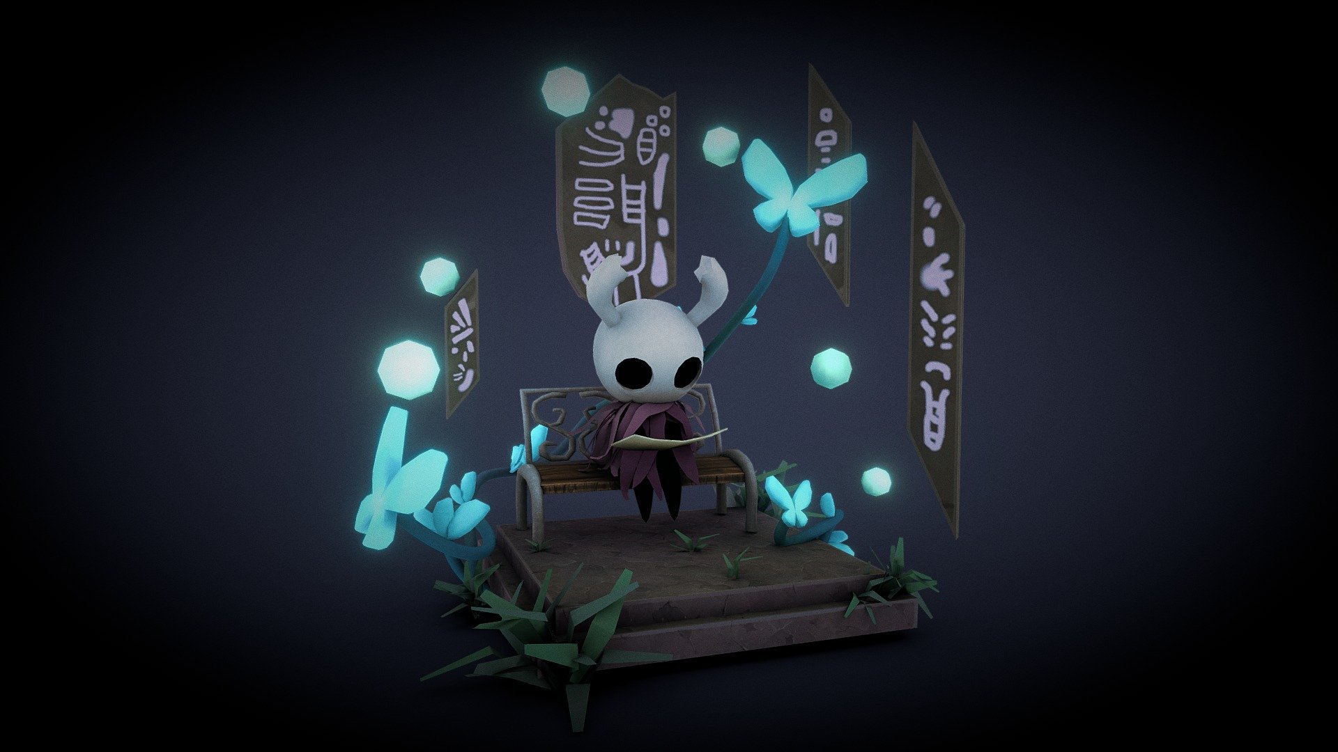 Really quick fanart on Hollow Knight game.
Admire the atmosphere of Hallownest very much. And one of my favourite action in the game - sitting on a bench and updating the map - Hollow Knight - Download Free 3D model by Dasha Klyusova (@AnoFail) 3d model
