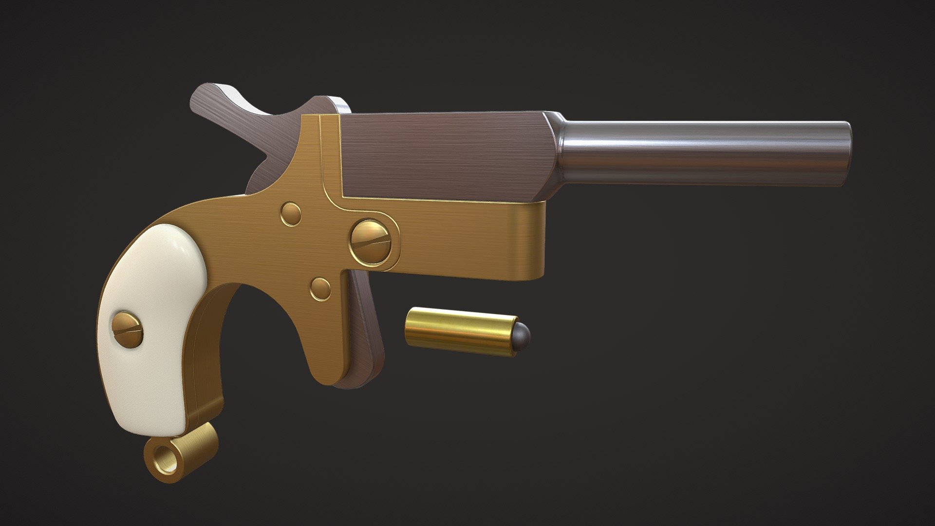 A simple model based on the 1mm Derringer pistol made by a professional jeweler and a watchmaker at Miniature arms https://minifirearms.com/. This pistol is currently the smallest production pistol in the world at 26mm in length and 15mmin height while being chambered in the smallest centerfire production cartridges the1X38mm cartridge. The 1mm Derringer Pistol is even smaller than the commonly claimed as being the smallest pistol in the world the 2.7mm Kolibri pistol. The 1mm Derringers are crafted from fine materials like silver and gold (this one is in gold whith Ivory gripscales) 3d model