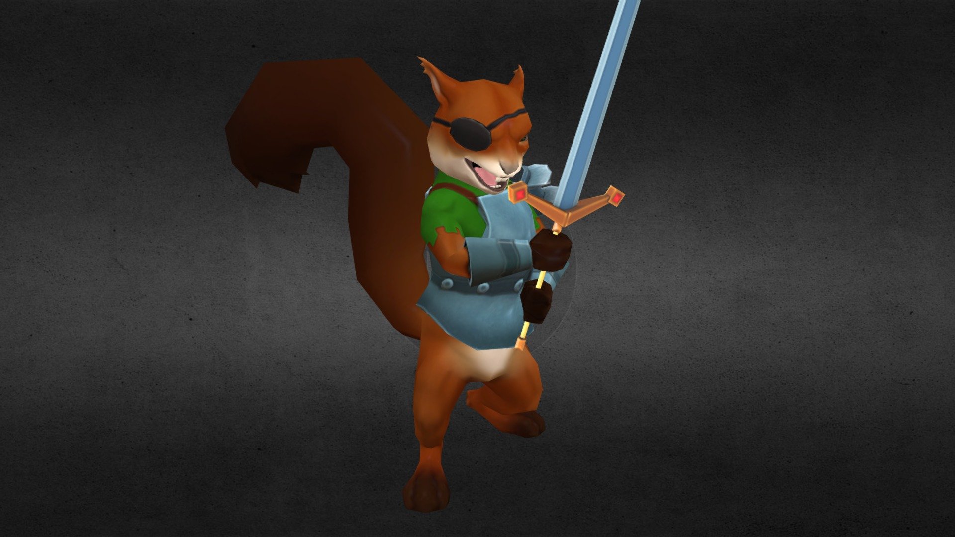 a cartoony character representing a squirrel dressing in battle armor and weilding a claymore 3d model