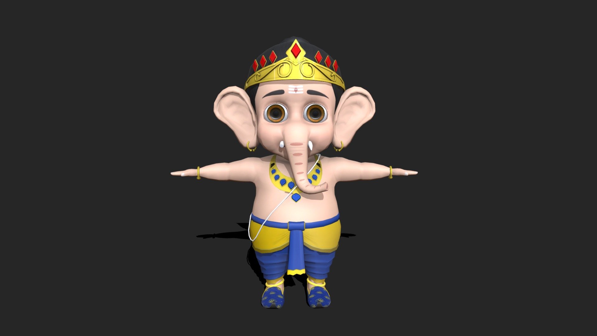 Game Ready, High-Quality Model of Bal Ganesh.

Features :-





Completely Unwrapped Ganesh Character &amp; his friend the Mouse




Rigged &amp; mecanim ready model.




Clean Topology.




Consists of High Quality and Detailed Textures.




All Materials Assigned Properly.



Pack Contains :-

MODELS :





Bal Ganesh: Packed with 1 Amazing Game ready Bal Ganesh model.




Removable Shoes.



TEXTURES :





4 Textures.




All Textures with 2048 X 2048 Resolution.



TRI COUNT :

Ganesh: 18581

Character can be  Animated using Mixamo.

We would love to hear your rating and comments.

Support email: tgamesassets@gmail.com - Bal Ganesh - Buy Royalty Free 3D model by TGamesAssets 3d model