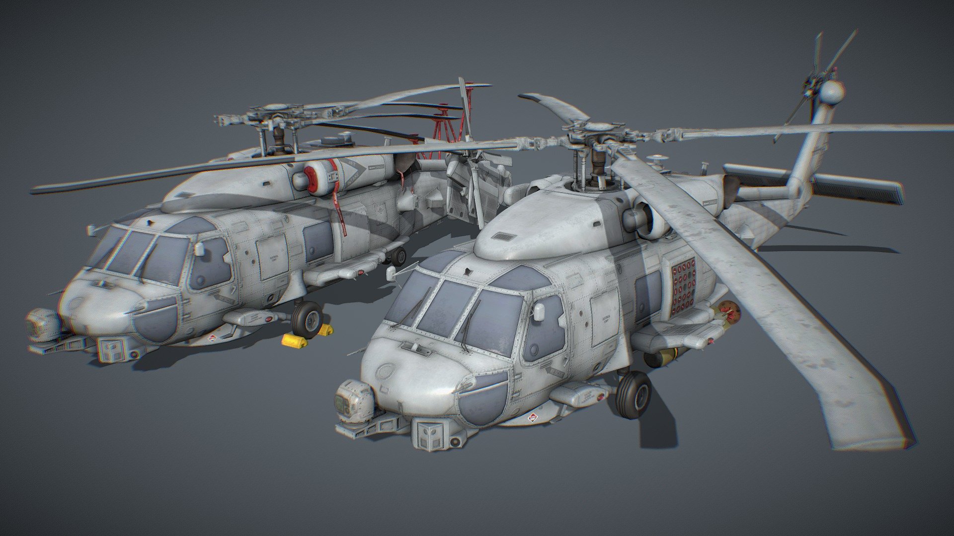 Sikorsky MH-60R
Low-Poly model for the game and VFX

Textures 1x2048, 1x1024, 2x512 (Normal,AO,Diffuse,Roughness)
Tris 13567

https://boosty.to/tsb3dmodels - Sikorsky MH-60R - 3D model by TSB3DMODELS 3d model