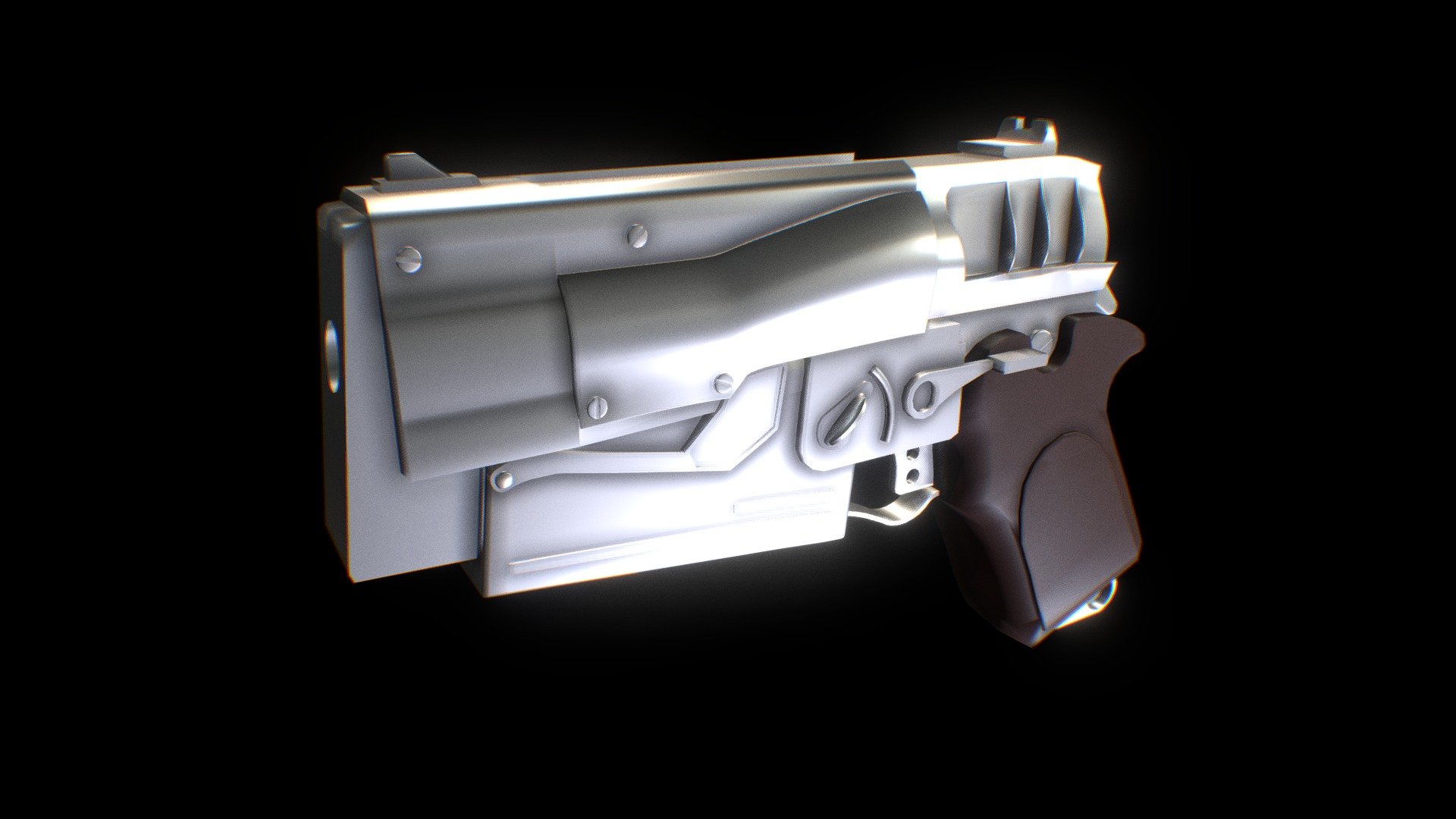 A very basic model I made awhile back of a 10mm pistol from fallout, it's fairly accurate.

It was made with mirror modifiers and shows correct in blender but on here some of the parts didn't mirror, if thats the case go into edit mode and select them by pressing L on each specific piece that needs to be mirrored, Right click, seperate selection, and then go out of edit mode add a mirror modifier and apply 3d model