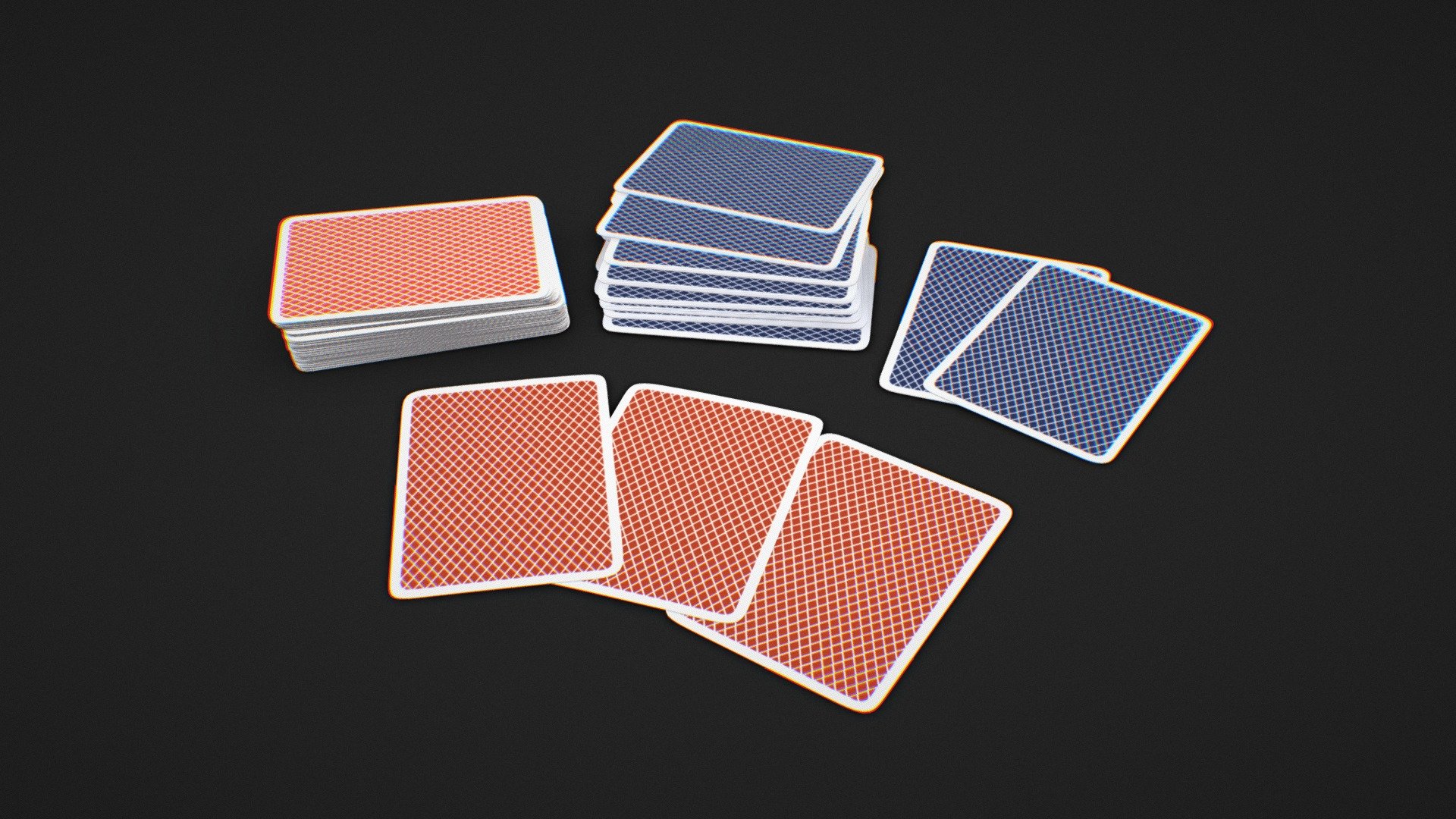 Card set:




2 colour/material options

Low poly

Realistic

Perfect for 3D renders

Each card is individually modelled

High definition textures
 - Stacks Of Playing Cards - Buy Royalty Free 3D model by ÆON (@xaeon) 3d model