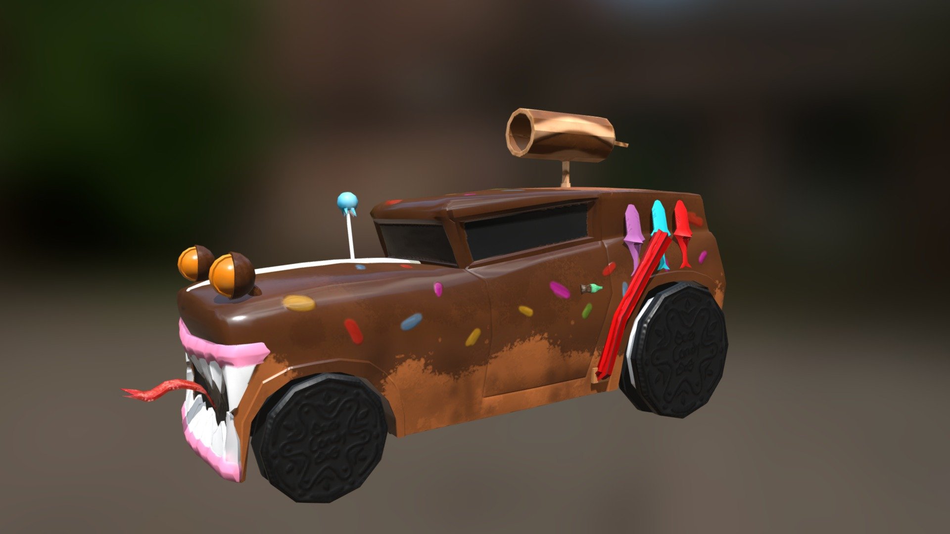 This is my model for the challenge low poly car of sketchfab, my idea, it's a car made with candies and sweets with a skin punk or alternative.
It's the time that the bad girls and bad boys the candy world have a car and enlive them world 3d model