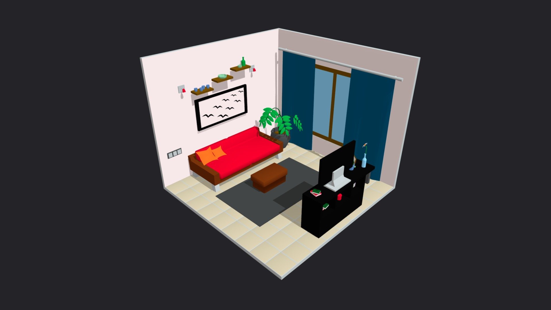 Low poly room is ready to be used for games, rendering and advertising.

This is a guest room complete with furniture. Measures 5 m x 5 m.

This set includes 26 unique props: cabinet / sofa / tables / plants / paintings / technics / fruits / curtains / ottoman / bedside table / accessories and more!

Technical details:

The whole room has:




Vertex: 6311

Faces: 6108

Tris: 11336

Has only one color texture (2048 and you can easily reduce it to the size you need) and one material for the entire game set.

Unwrapped UVs - Overlapping.

Feel free to download it and leave your reviewes, comments and likes. This will help us create more products for you :) - Guest Room 1 Low-poly 3D model - Buy Royalty Free 3D model by Mnostva 3d model