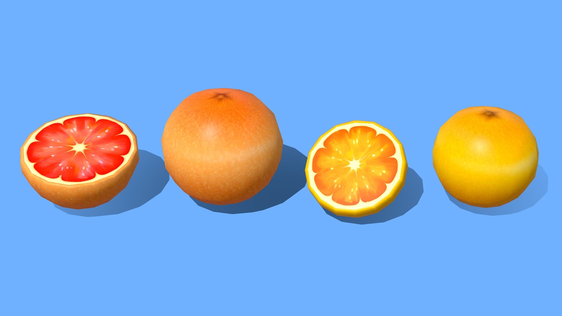 Juicy, perfectly ripe citrus fruit for your next game!




Includes whole orange, orange half, whole grapefruit and grapefruit half

This asset uses a single 1024x1024 diffuse texture map and can be used both lit and unlit - perfect for mobile! This asset also includes a roughness map for the shiny skin/centres. 

Modeled in Maya and painted in Photoshop.

While you’re here make sure to check out my other assets! Every asset is modeled and painted in the same style so your game or project will maintain a cohesive and unique style with a wide variety of assets to choose from! - Orange and Grapefruit - Buy Royalty Free 3D model by Megan Alcock (@citystreetlight) 3d model