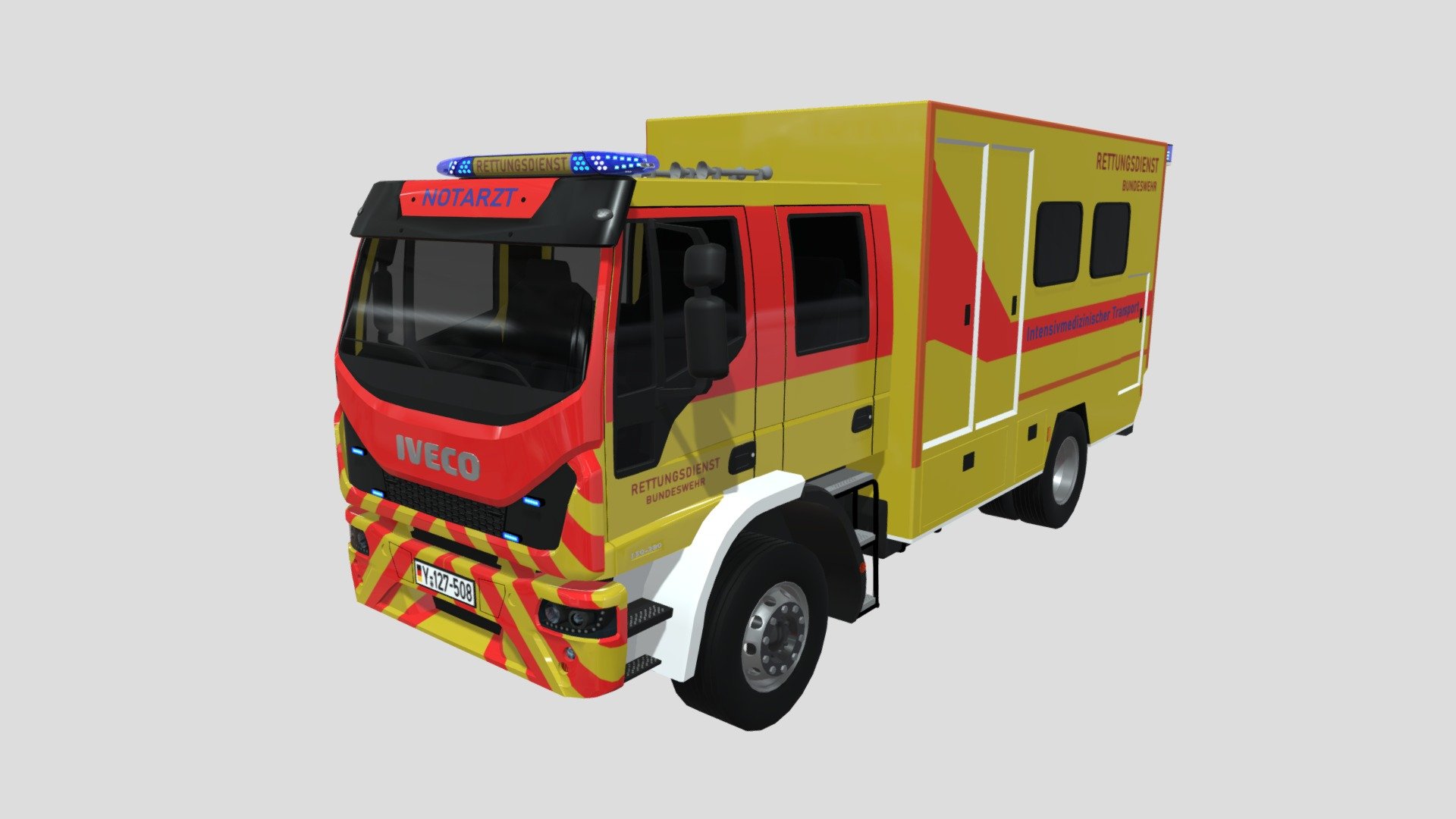 Iveco Eurocargo Rettungsdienst Intensivtransportwagen 3D Model

-Model have interior

-Optimized shading for Renders

-Perfect for games and advertisements or animations

-Ready to use on Unreal Engine, Zmodeler, Unity or any other game engine platform or 3d model platform

-Include materials

-Made in Blender - Iveco Eurocargo Rettungsdienst - 3D model by Xcelsior Modeling & Design (@4L3X4NDR3_LEX) 3d model
