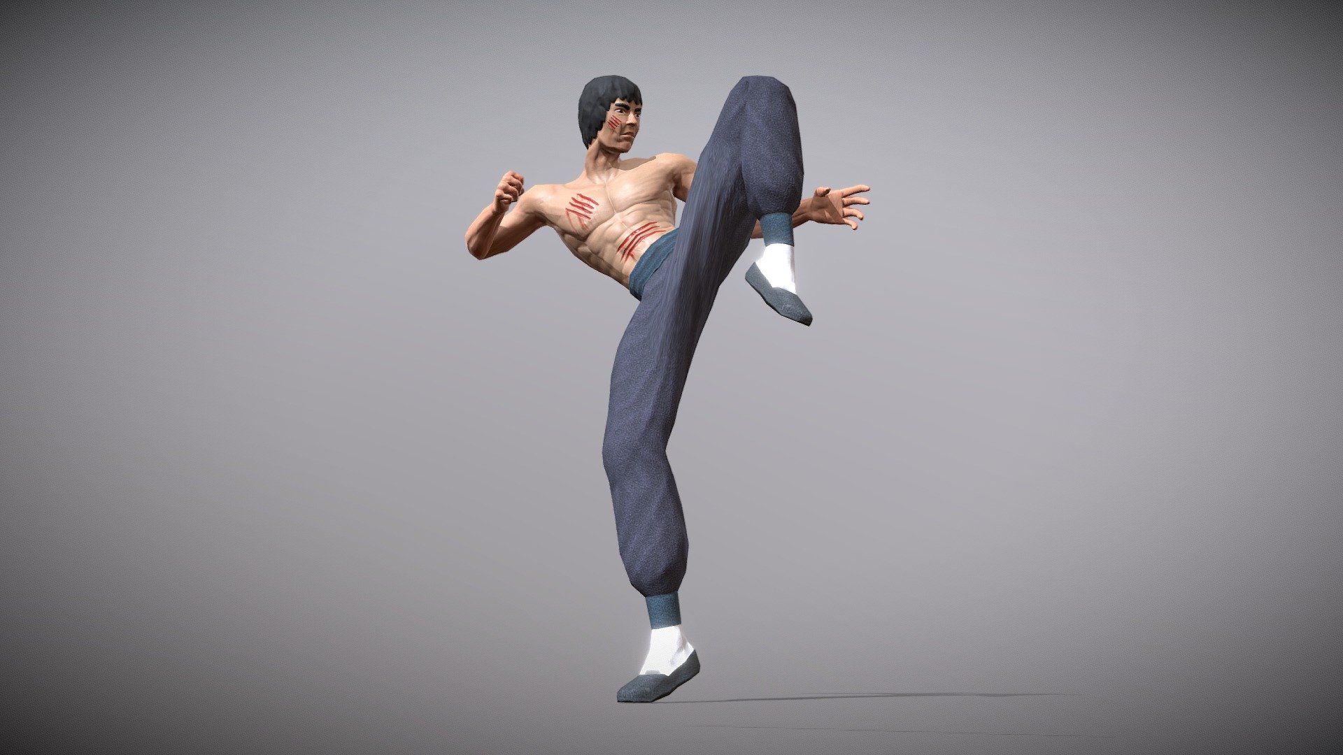 Game ready low poly Bruce Lee model based off his epic final fight in Enter the Dragon. I remember seeing the now legendary poster with all the scratches and  blood hanging up in my dad's workshop. To this day I love that movie. Created in Blender and Substance Painter with the animation coming from Mixamo.com. Texture maps are 1k 3d model