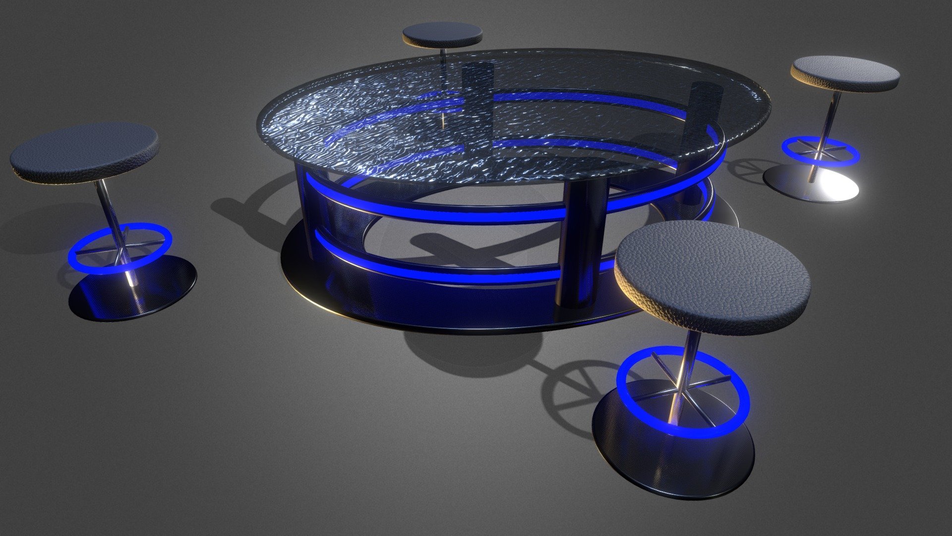 Bar Set 3D Model of the Lights series, Blue model, consisting of bright table with wavy glass and 4 stools.

Table Dimension: 48cm (height) x 117cm (depth) x 164cm (length)

Stools Dimension: 46.6cm (height) x 36cm (depth) x 36cm (length)

The model already contains the hotspots compatible with Spatial.io that allow the avatar to sit 3d model