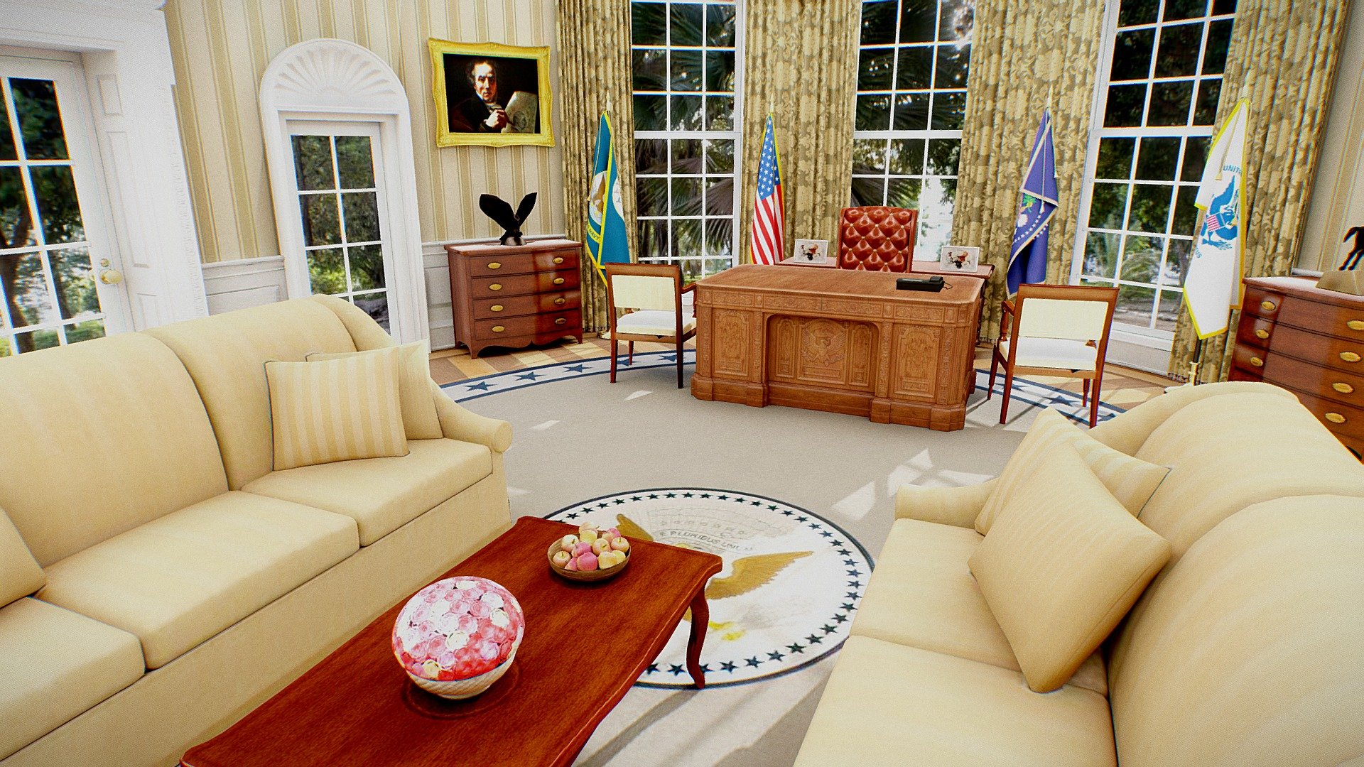 This is a Oval Office created especially for virtual spaces, optimized for mobiles and augmented reality.
Some resources shown here are for external use.
This scenario is in real scale, measured in meters.
visit our new website:  https://www.marcovirtual-mx.com/

Modeling/Baking: Blender

Textured: Substance Painter

Texture Size: 4k - 1k

If you have ideas about your scenario or need one, contact us: marco.virtual.mx@gmail.com - Oval Office |Baked| VR Ready - Buy Royalty Free 3D model by Marco Virtual (@marco_virtual) 3d model
