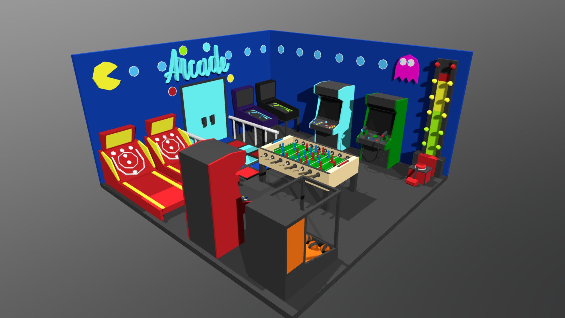 Low poly arcade shop with slot machines, mini foosball, video game theme decoration, ball games 3d model