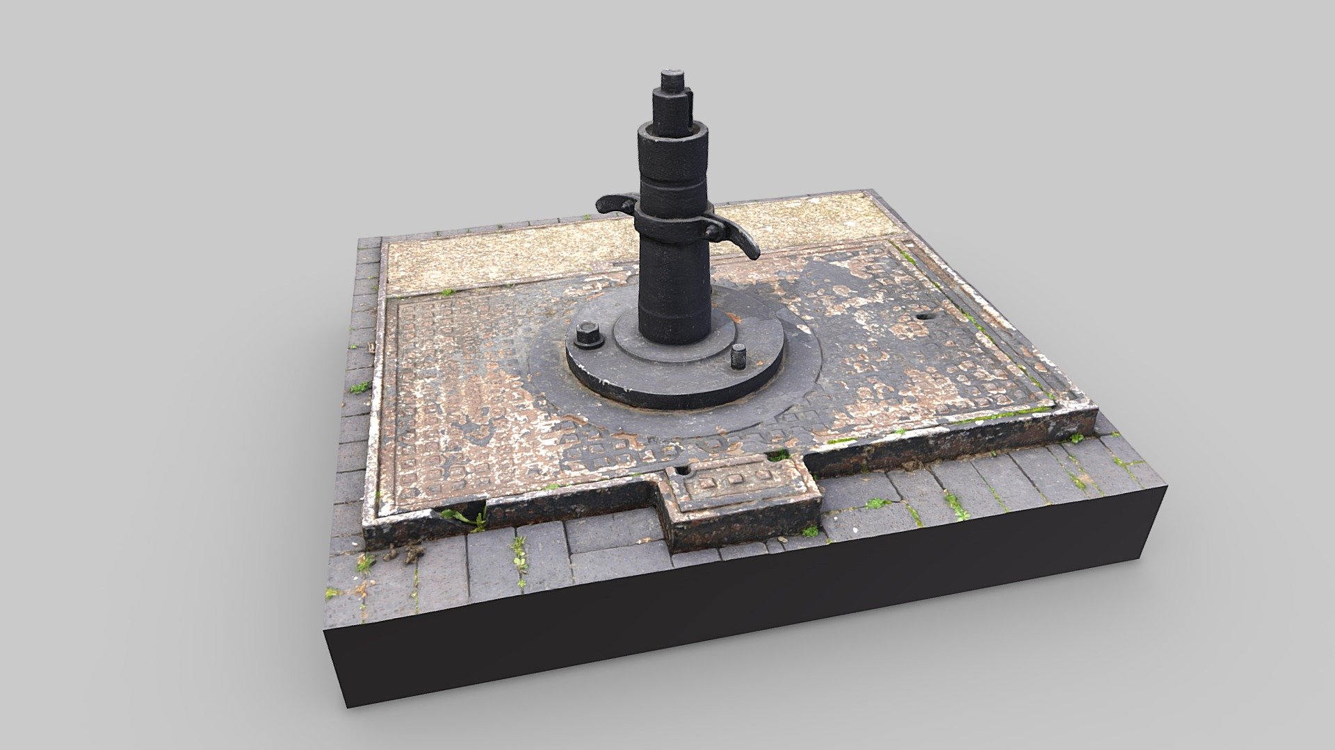 Photogrammetry scan of a small metal feature attached to a metal cover. Possibly and crane or winch attachment point. Located on the west side of the lock/canal between Blackwall Basin and Poplar Dock, Canary Wharf, London.

143 photos taken in December 2022 with a Sony a7R III and processed in Reality Capture.

Texture: diffuse 8192 x 8192 pixels 3d model