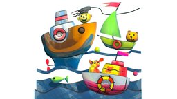 Cartoon 3D illustration Fish Ship Steamship bear, fish, image, toon, bird, yacht, chick, toy, flag, river, children, bath, toys, tube, duck, vessel, sailing, rig, ocean, childs, floating, steamship, swimming, wave, illustration, boating, coloring, floats, multicolor, idle, idle-animation, shere, tourboat, cartoon, ship, animal, animated, rigged, sea, "skin", "boat", "kids-toys"