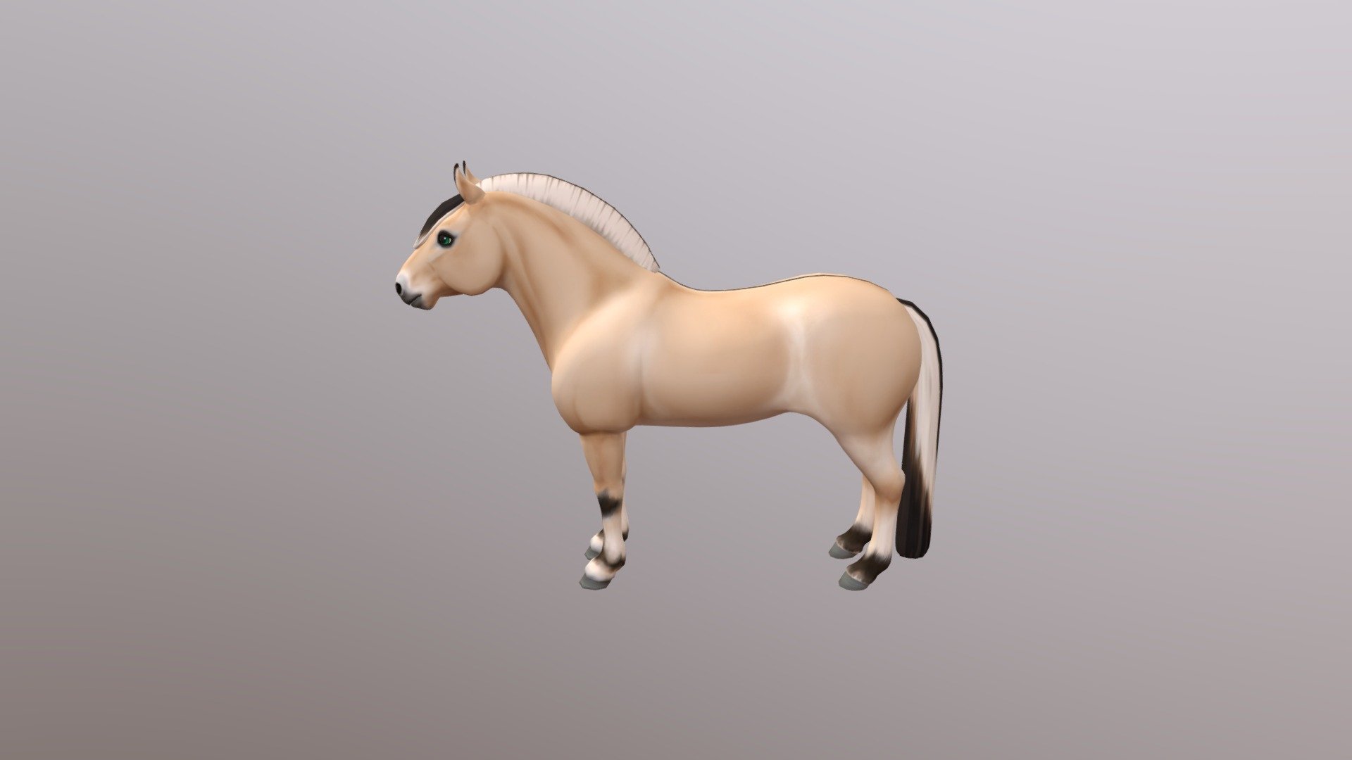 I made this model for my thesis: 3D Modeling a Horse for a Videogame. The goal was to make a stylized horse with a decently low polycount and with a topology that suits animation. The textures were fully hand painted in 3DCoat.

I had to rush a bit so that's why the mane and tail are as simple as they can be. I would've liked to nit pick more with the textures too but the time wasn't on my side. Otherwise I think the horsey is very cute and I can be proud of my first horse model^^ - Fjord Horse - 3D model by Tharlvend 3d model