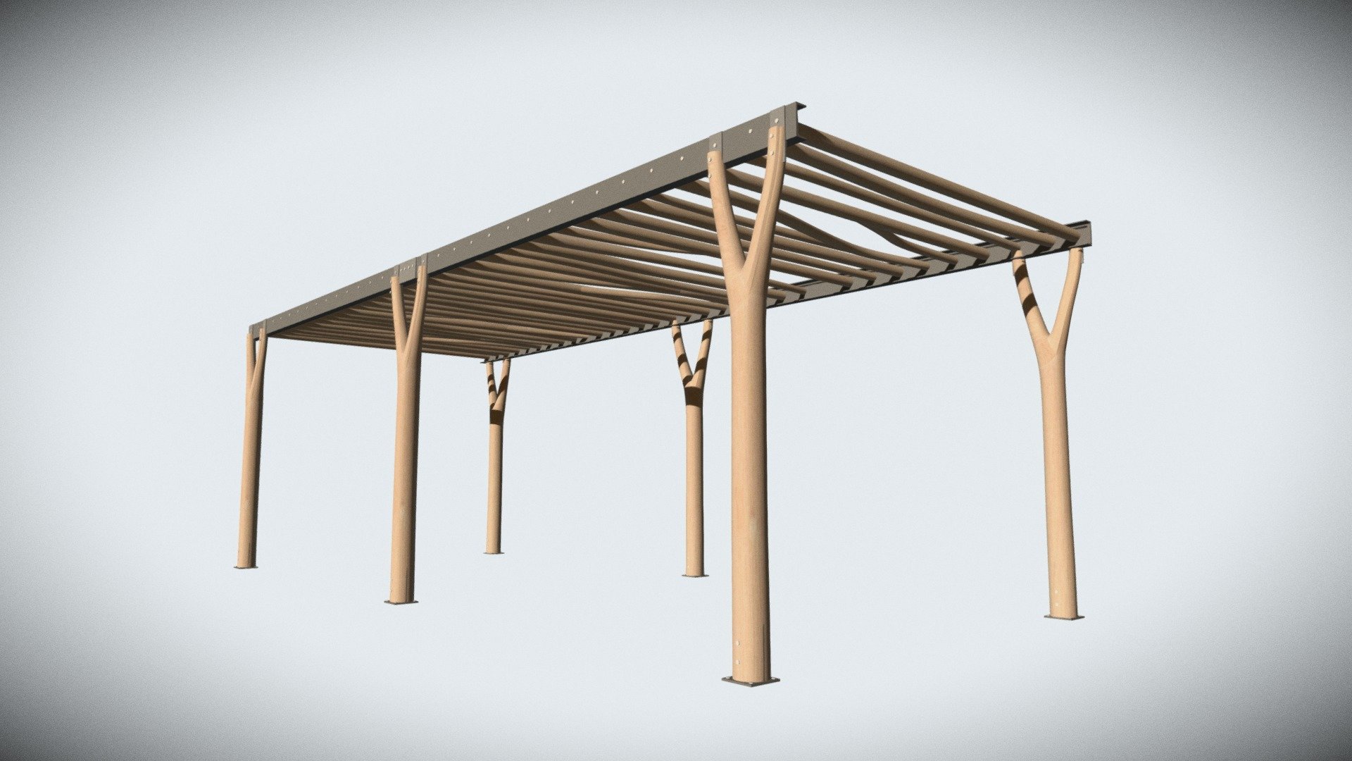 This modern pergola is designed and manufactured by WholeTrees. It is made out of small diameter round timbers consisting of naturally branched pieces. This easy-entry product is available through  WholeTrees Architecture and Structures.

Rendering by Project Designer, Candace Kao 3d model