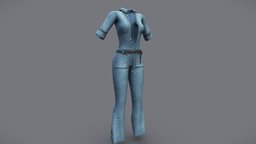 Female Retro Denim Jeans Shirt Outfit shirt, front, , fashion, retro, girls, bottom, open, clothes, pants, bell, with, ultra, jeans, realistic, real, sleeves, belt, womens, wear, 34, denim, rolled, pbr, low, poly, female, unbuttoned, three-quarters