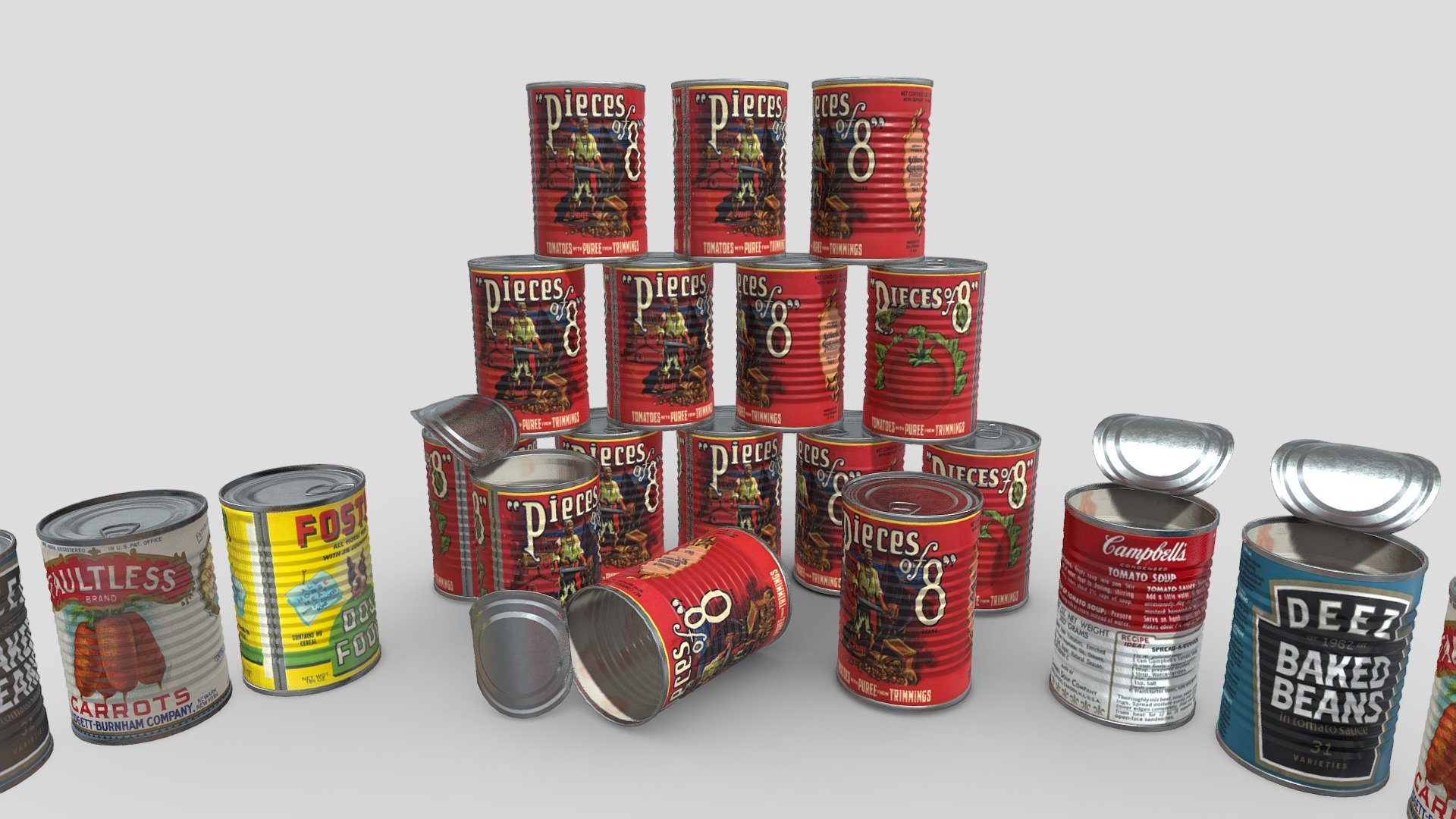 1024x1024 textures. Color, Roughness, Metallic, normal and AO.
Open can has 5655 faces, Closed can has 3832 faces.
Download additional files for separate models!
Models are scaled for Source 2 (imperial). Scale models by ~0,0254 for metric 3d model