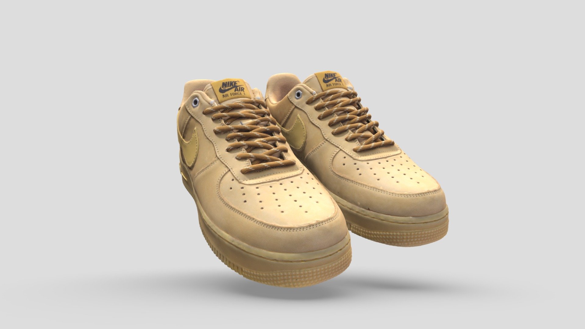 Highly detailed, photorealistic 3d scanned model Nike Air Force 1 Brown
The model is cleaned up and retopologized and ready to use! 
The set includes a pair of sneakers.

&mdash;What's included&mdash; 
4k texture maps 
Each sneaker has 200k polygons 
All the models come in FBX/OBJ File formats.

*Please note that this is a photo-scanned model, and it may not be a 100% perfect model 3d model