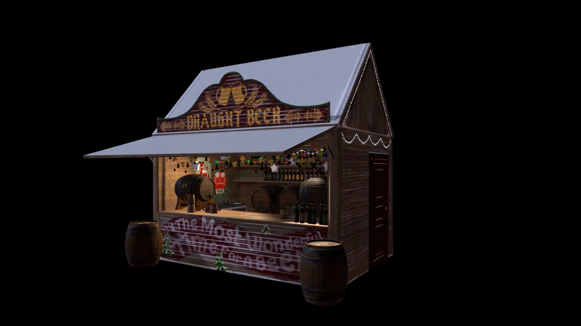 Christmas Market Beer Chalet- is one of the 6 Chalets of the asset. Almost all models have Diffuse, Normal, Gloss and Specular maps. Some models as chalet itself and Xmas lights have also Emission maps and transperency maps. All models are made in OBJ, FBX and 3dsMax formats. This models set will suit for Christmas projects and not only. Demo Video:https://www.youtube.com/watch?v=f-ZwfqrEijE - Christmas Market Beer Chalet - Buy Royalty Free 3D model by Vaarg 3d model