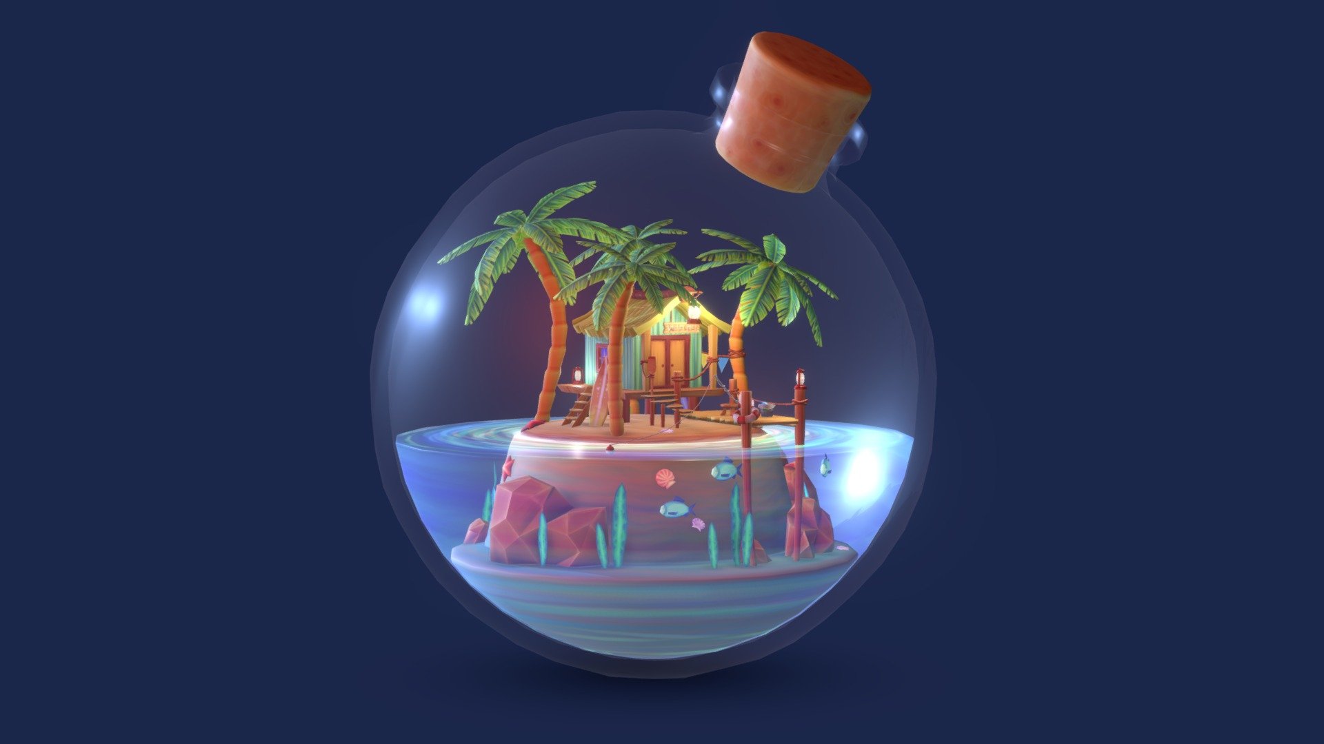 A simple, stylized tiny beach house in a bottle. 
Made with Autodesk Maya, the textures are made in Krita 3d model