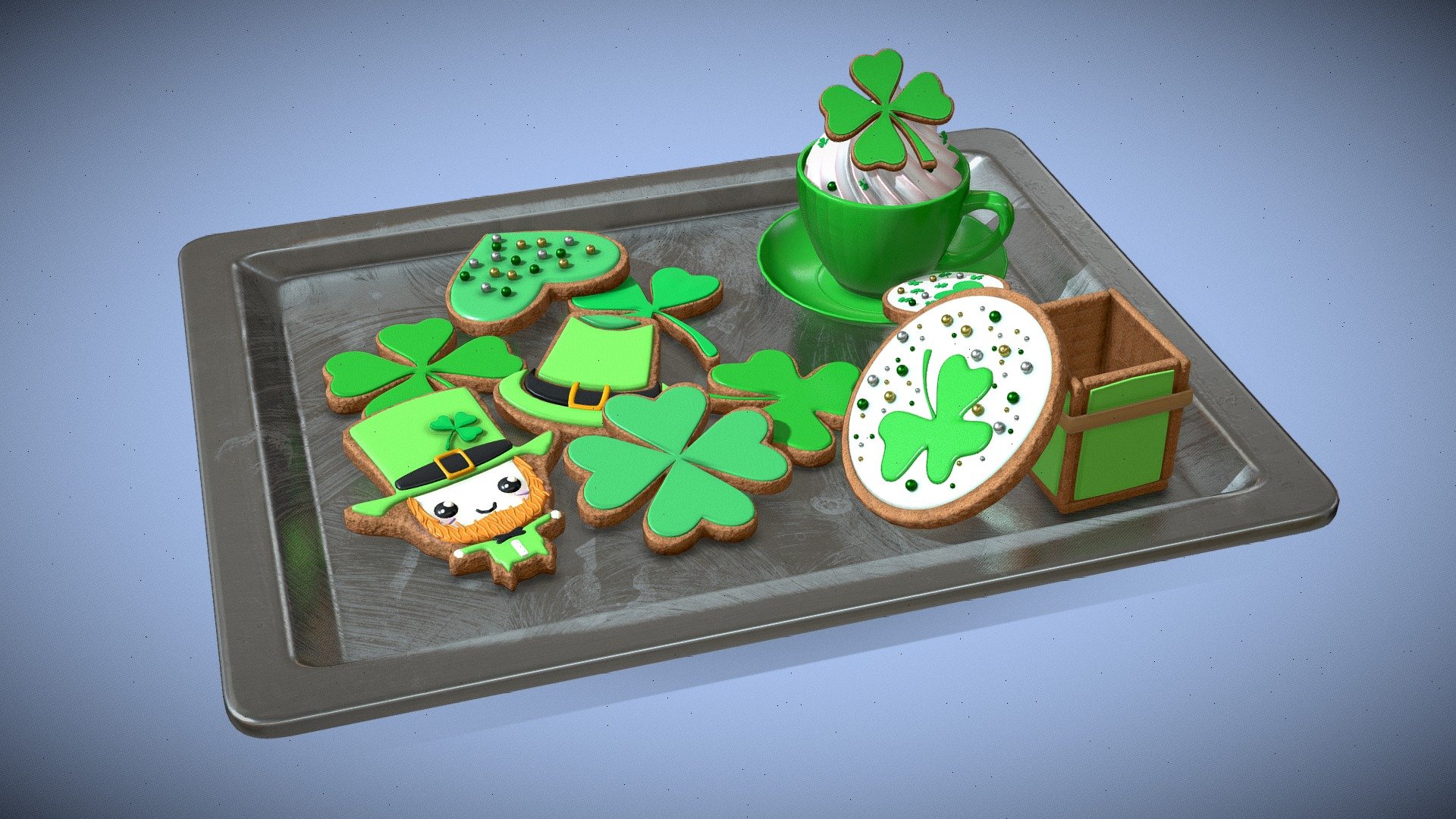 Explore the magic of St. Patrick's Day with our Cookie Collection! 
These virtual treats boast intricate designs of shamrock or leprechaun hat on a golden-brown backdrop, infused with a hint of edible glitter 3d model