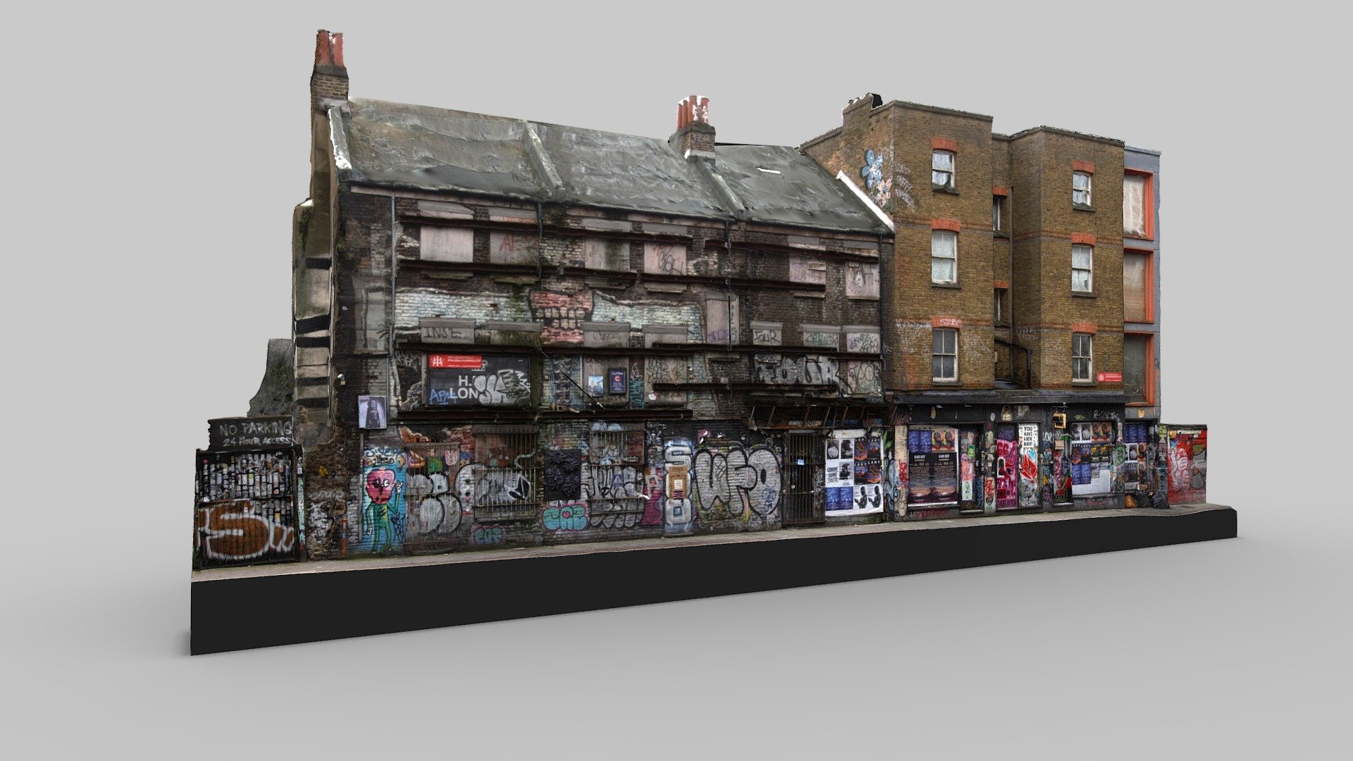 A terrace of derelict houses at 70-74 Scalter Street, Shoreditch, London.

Date: 1720?

https://spitalfieldslife.com/2020/01/20/the-sclater-st-weavers-houses/

234 photos taken in October 2020 with a Sony a6000 and processed in Reality Capture 3d model