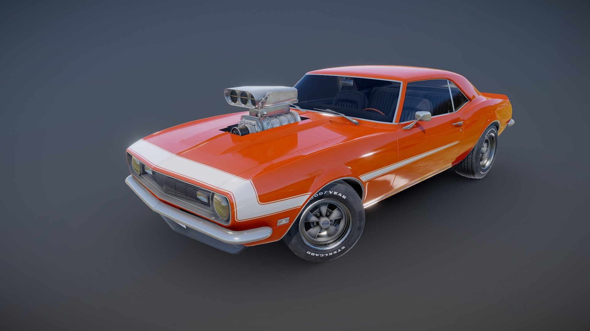 American muscle car game ready model.

Full textured model with clean topology.

High accuracy exterior model.

High detailed cabin - seams, rivets, chrome parts, wipers and etc.

High detailed rims and tires, with PBR maps(Base_Color/Metallic/Normal/Roughness.png2048x2048 )

Original scale.

Original scale. Lenght 4.7m , width 1.8m , height 1.32m.

Model ready for real-time apps, games, virtual reality and augmented reality.

Asset looks accuracy and realistic and will be a good part of your project 3d model