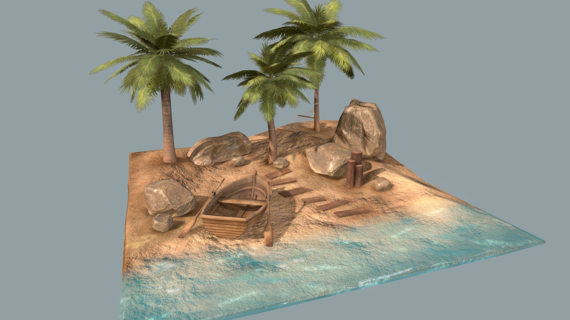 This was my summer project before starting second year at DMU Game Art, although due to some module mix up, I spent about 3 weeks revisiting it on and off. The brief was to make a 10m x 10m realistic-style castaway island, using substance painter to texture. I originally planned to do a pirate-themed island and made extra props, but realised that they just didn't work at all with the scene. Instead I've kept it very basic and natural. I don't think it's super realistic at all and if I had more time I would probably have devoted more of it to better texturing, but I think for a last-minute project it's not too bad ^^ - Beach Diorama - 3D model by Jodie Bavister (@jodiebavister) 3d model