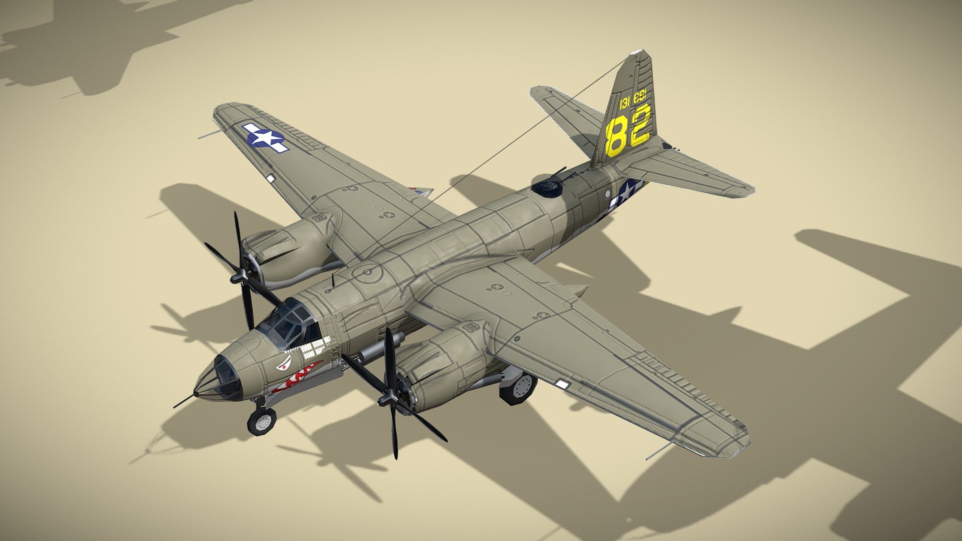 Martin B-26 Marauder

Lowpoly model of american WW2 bomber



Martin B-26 Marauder is an American twin-engined medium bomber that saw extensive service during World War II. First used in the Pacific Theater of World War II in early 1942, it was also used in the Mediterranean Theater and in Western Europe. After entering service with the United States Army aviation units, the aircraft quickly received the reputation of a &ldquo;widowmaker