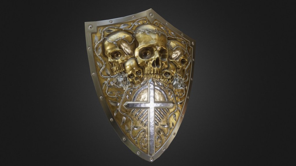 A shield made with a theme of death and christianity. Has a little more polygons than necessary for a game because i wanted more detail.

Uses 4k maps for Color, Metal, Roughness and Normal. 1k maps for the studs and chain. Made with Blender from sculpt to lowpoly and painting, GIMP and baked with xNormal 3d model