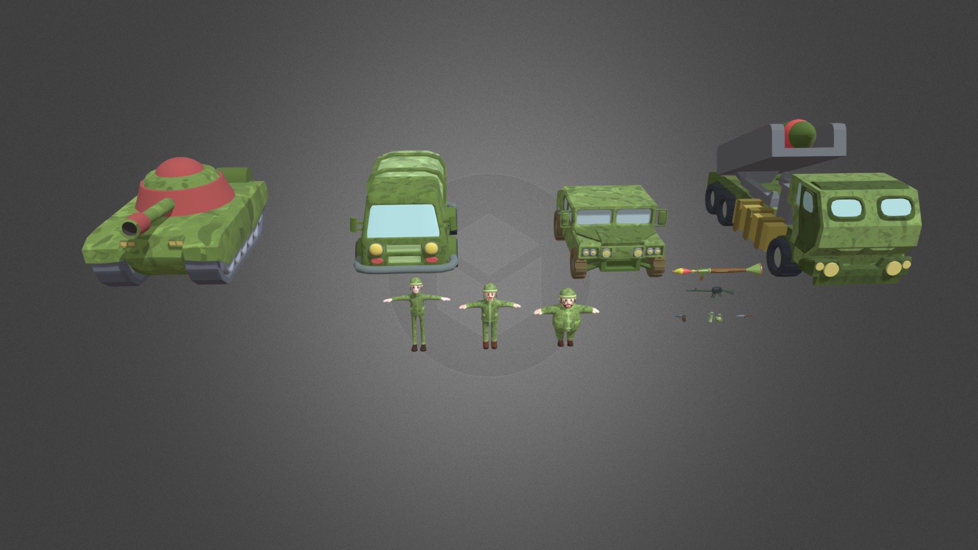 Comprehensive asset pack for your next military-themed game.
This Cartoon Military Soldier Characters with Rig &amp; Blendshapes Weapons Vehicles Pack has everything you need to get started.

With 3 soldiers, weapons, and vehicles at your disposal, you'll be able to create the perfect game world for your players to explore. The characters are fully rigged and come with a variety of blend shapes, giving you complete control over their appearance. And the vehicles are detailed, ensuring that your players will feel like they're in the thick of the action.

This asset collection has everything you need for your next military-themed game. 

So why wait? Grab this awesome asset bundle today and start bringing your visions to life with the help of these incredible 3D models!

We look forward to your feedback so we can create more assets for YOU! - Cartoon Military Pack - Buy Royalty Free 3D model by HayqArt 3d model