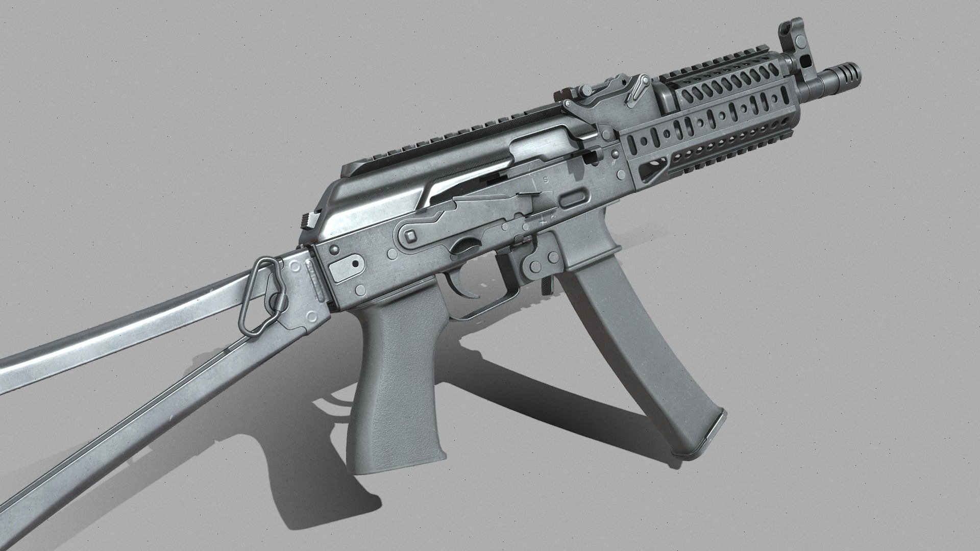--------------------- !!! real life picatinny rail scale so you can add any attachments to the weapon !!! -------------------------

Lowpoly pp 19 vityaz model optimized for game engines or any other usage in 3d software.

Parts are properly named, ready for rigging !

Fully assembled weapon model with all attachments INCLUDED !

Included file formats: Fbx (for all objects), OBJ for only weapon and organized blender file with all 3d objects !

High quality textures and texture sets for weapon model and attachments (pp19 base 4K , Folding stock 2K, 9mm ammo 1K, pistol grip 2K, magazine 2K and zenitco handguard 2K)

Supports physically based rendering (PBR) !

Also comes with textures optimized for Unreal Engine 4 and Unity !

-------- 3d model has 38666 triangles -------------

PBR Textures contain: base color, roughness, metallic , ambient occlusion and normal map

Unreal engine textures contain: base color , normal map and ORM

Unity textures contain: base color, MetallicSmoothness and normal maps - PP19 Vityaz  game-ready - Buy Royalty Free 3D model by janxo 3d model