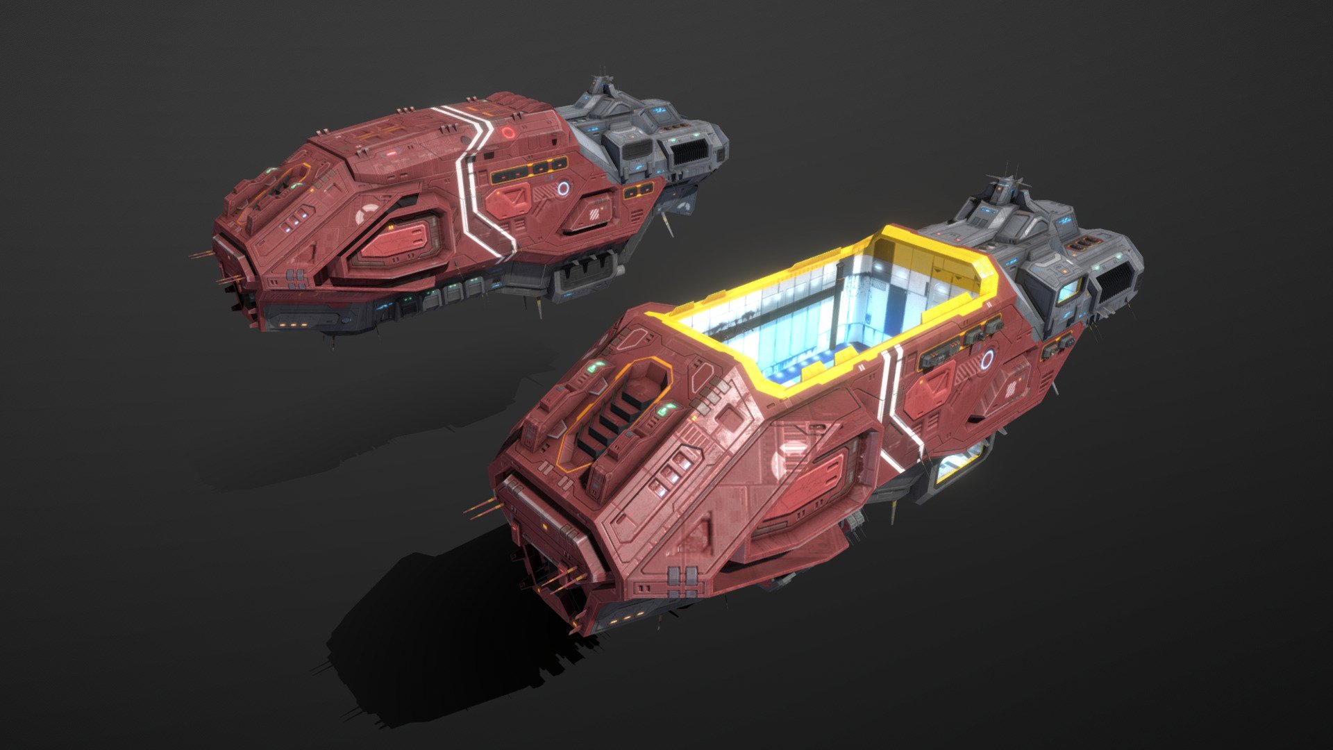 This is a model of a low-poly and game-ready scifi mobile shipyard. 

The subsystems are separate meshes and can be changed.

The model comes with several differently colored texture sets. The PSD file with intact layers is included.

Please note: The textures in the Sketchfab viewer have a reduced resolution to improve Sketchfab loading speed.

If you have bought this model please make sure to download the “additional file”.  It contains FBX and OBJ meshes, full resolution textures and the source PSDs with intact layers. The meshes are separate 3d model