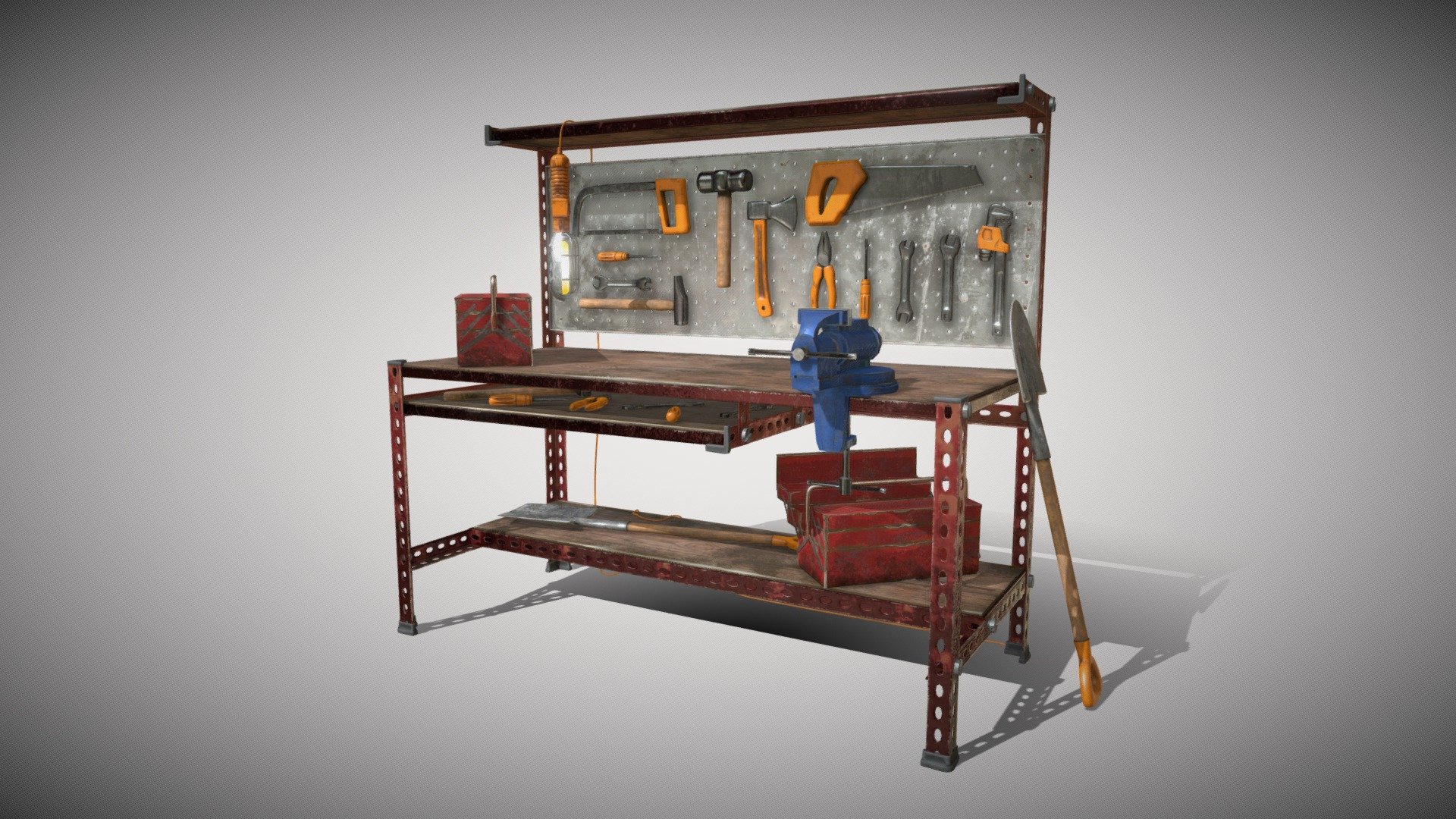 Here is this workbench with diferent tools and gadgets, hope you like it.
You can also purchase for the vise individually on my products, feel free to check them all.

-UDIMs

-2K textures

-5 materials

-No pluggins

-FBX, OBJ and blend file

-Textures included: Base color, metal, roughness, normal, bump



 - Workbench with tools - Buy Royalty Free 3D model by el_cerilla 3d model
