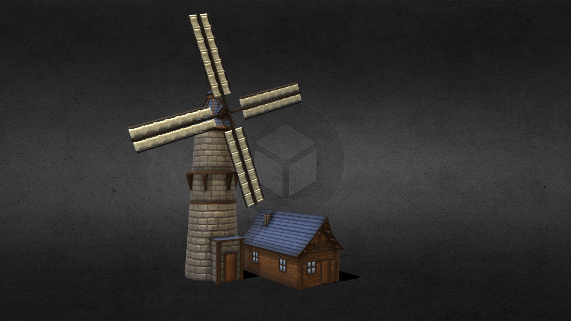 a windmill for grain with a stockage building nearby it 3d model