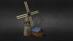 Windmill And Small House wind, log, blocks, mill, tiles, bread, windmill, grain, house, wood, blue