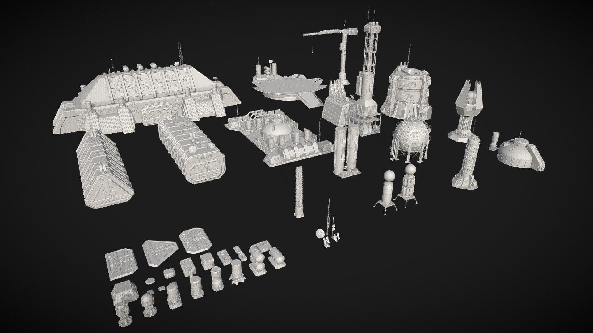 Various industrial sci fi objects (46 meshes)

relatively low poly

Models are not up to scale or precise

Polys: 263470

Vertices: 349161

clean geometry: polygons only

render setup not included in the file

materials : basic

uw mapped: NO

uw unwarped: NO

zip file (max2017, OBJ, blender, FBX) - sci fi industrial objects - Buy Royalty Free 3D model by cikameja 3d model